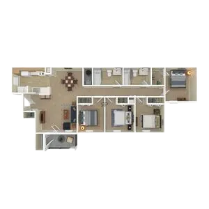 Contemporary floor plan showcasing 3 spacious bedrooms, cozy living area, modern kitchen, and 2 bathrooms.