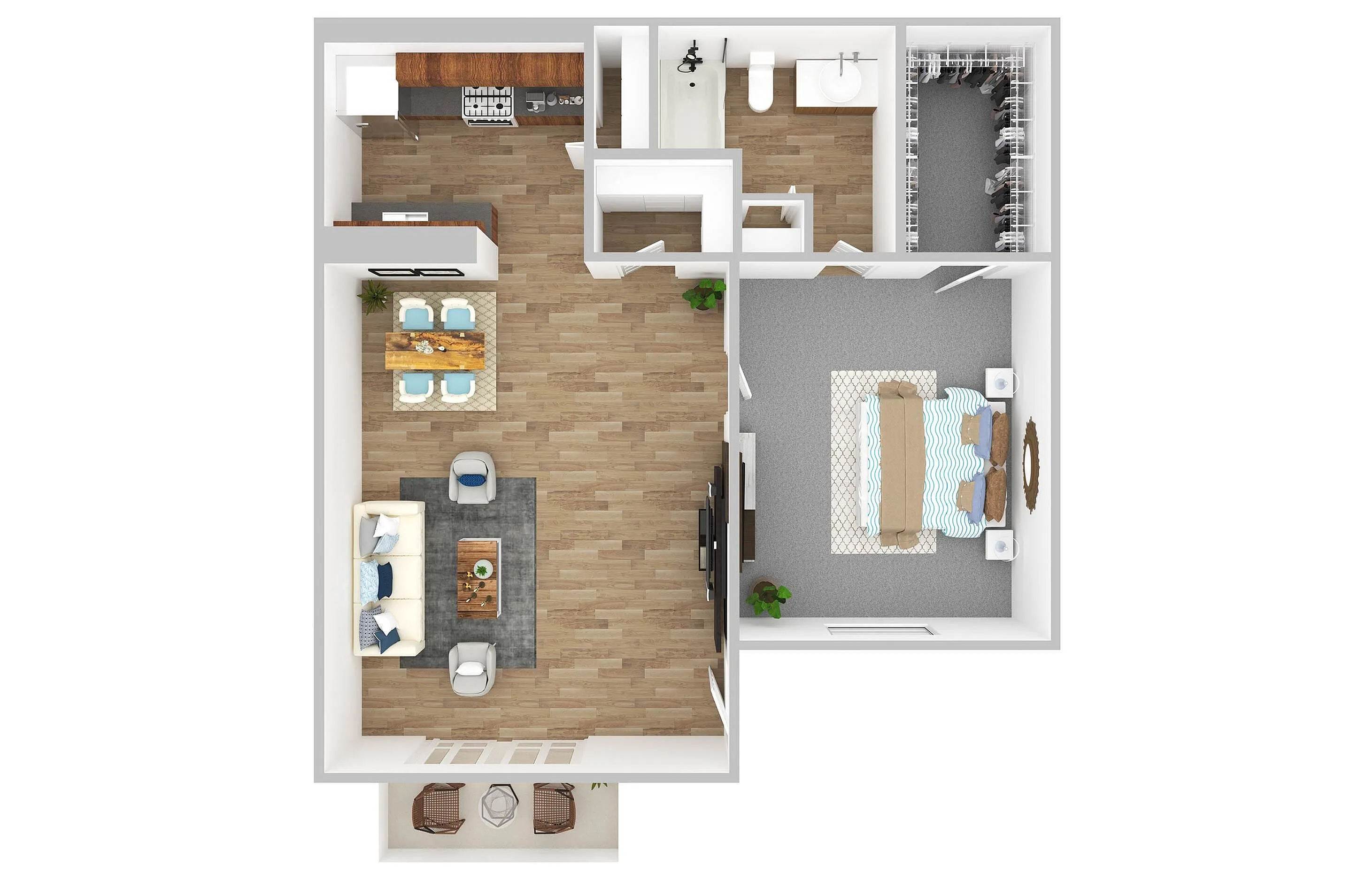 Modern floor plan showcasing 1 bedroom, cozy living room, stylish kitchen, and inviting dining area with elegant layout.