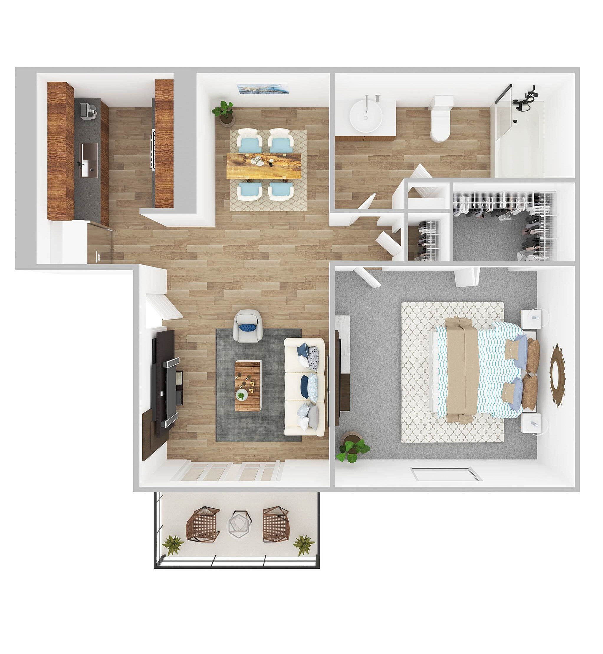 Elegant 3D floor plan featuring a spacious bedroom, modern kitchen, and inviting living room with a balcony view.