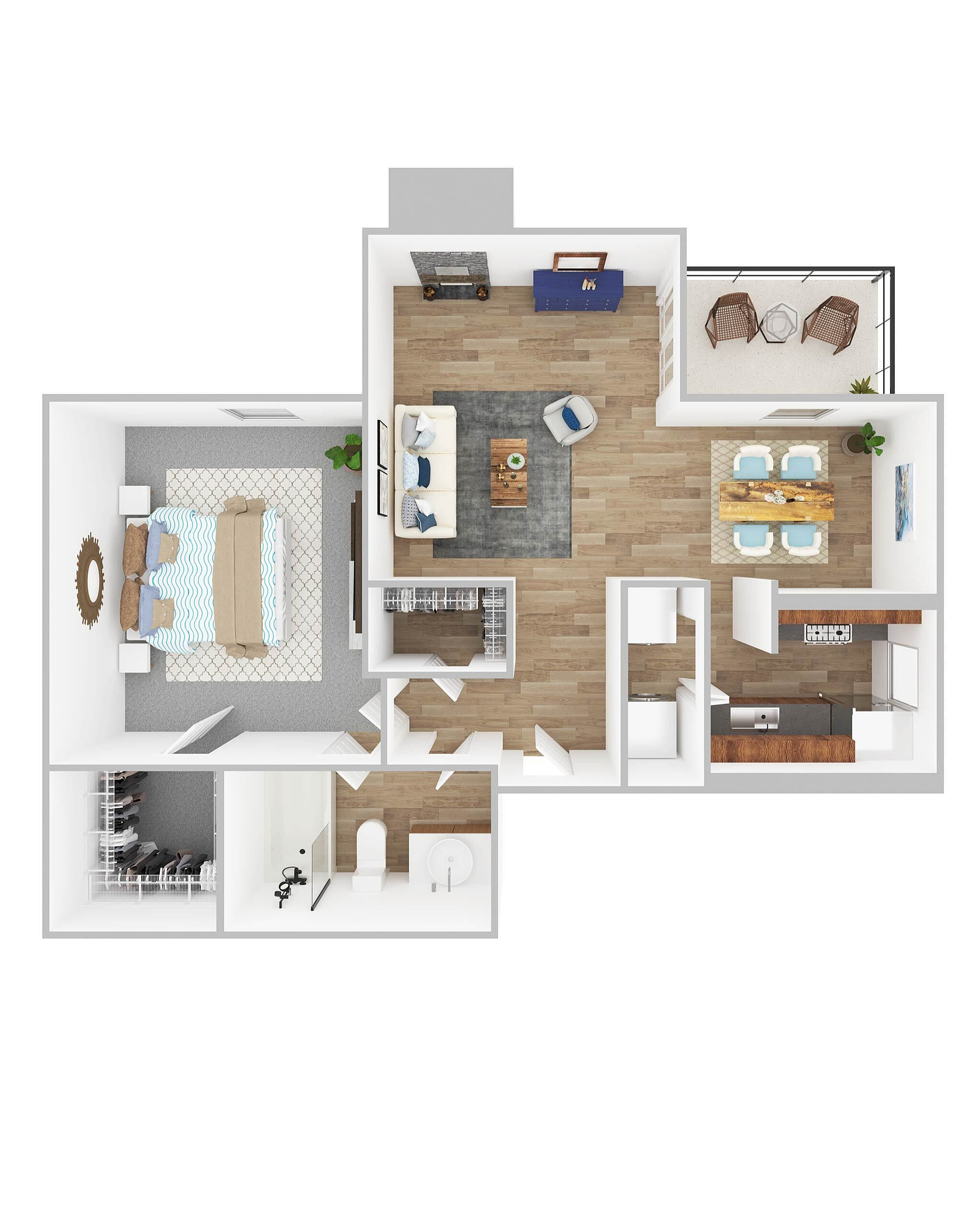 Contemporary 3D floor plan highlighting 1 bedroom, open-concept kitchen and dining area, spacious living room, and cozy balcony.