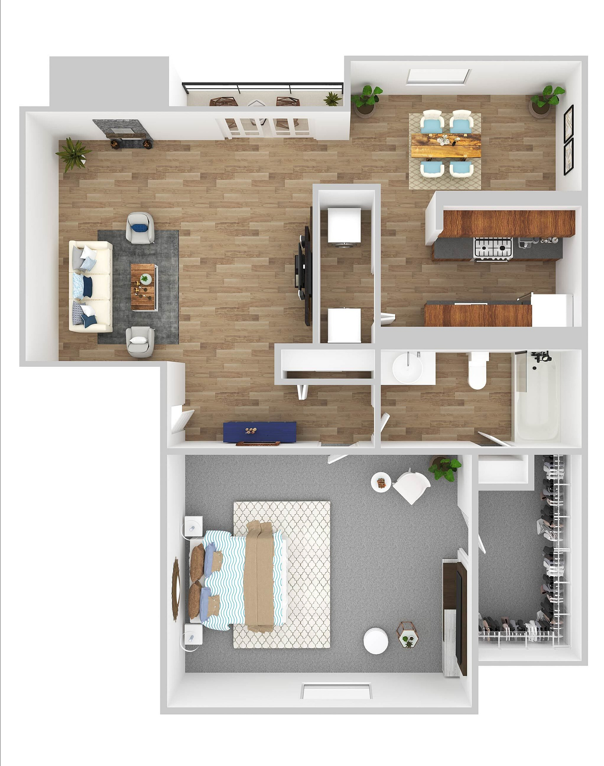 Chic floor plan showcasing a bright living area, modern kitchen, and cozy bedroom with ample closet space.