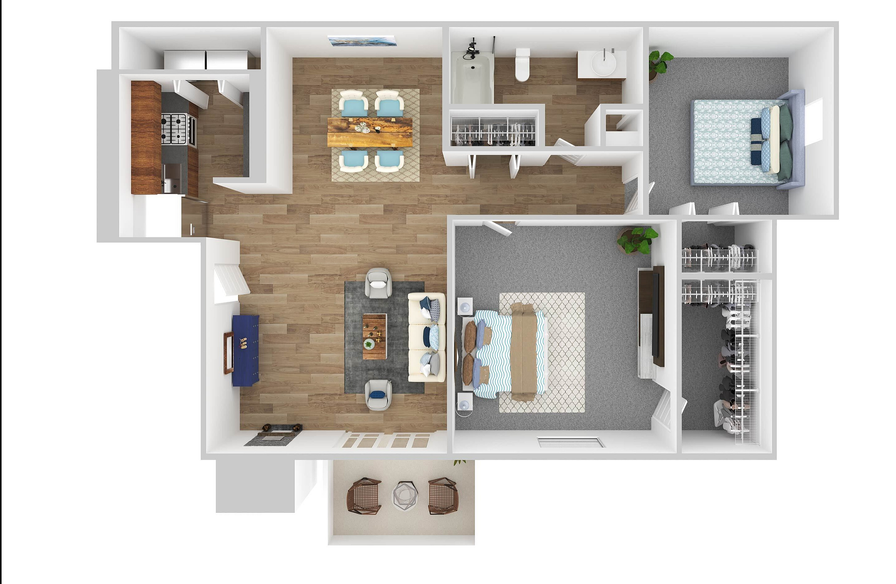 Elegant 3D floor plan showcasing two spacious bedrooms, an inviting open-concept living and dining area, modern kitchen with ample storage, and a well-appointed bathroom.