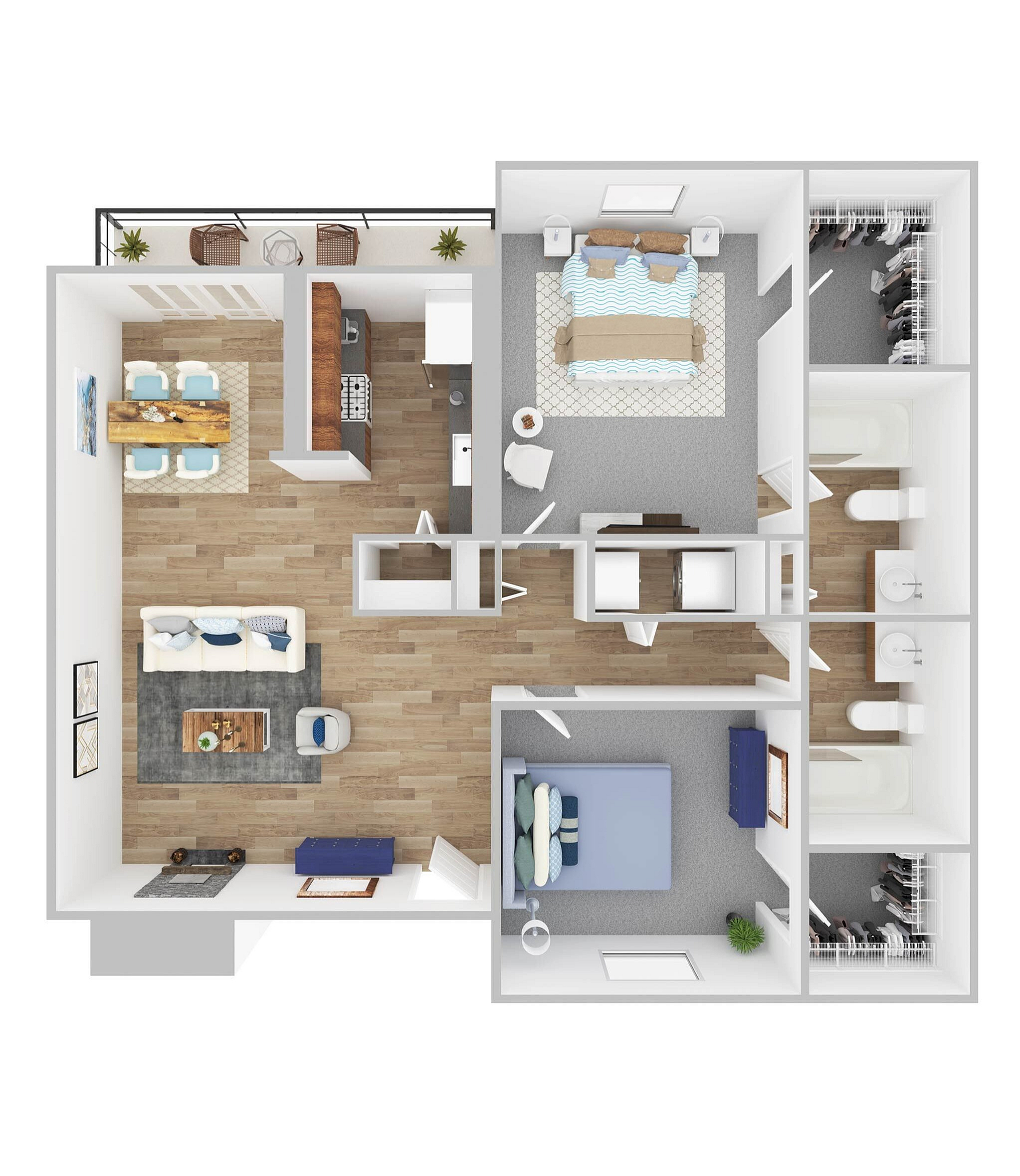 Modern 2-bedroom apartment floor plan featuring an open-concept living and dining area, stylish kitchen, two bathrooms, and spacious closets.