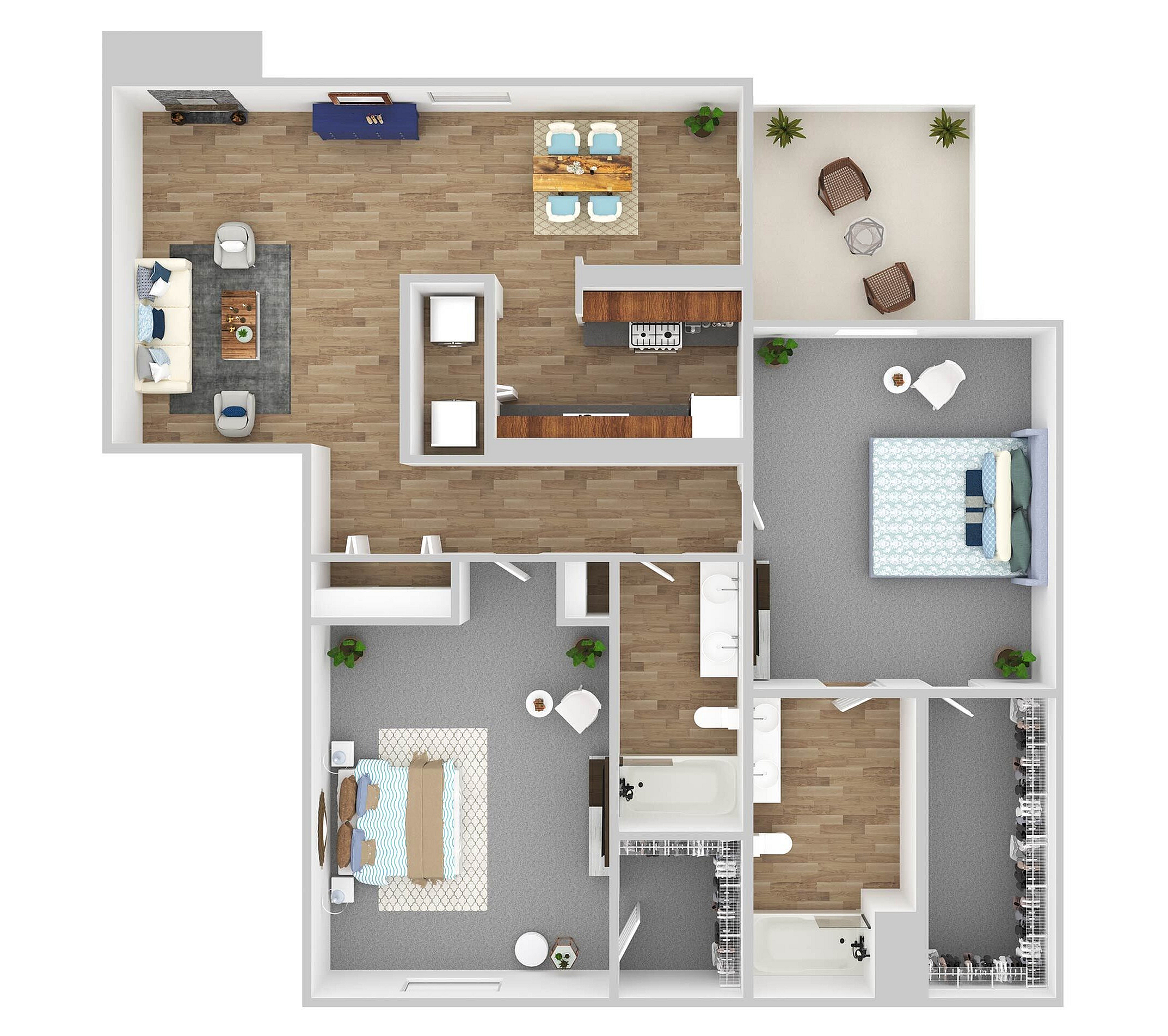 Chic 3D floor plan showcasing 2 spacious bedrooms, a modern kitchen, open living and dining area, and cozy balcony for relaxation.