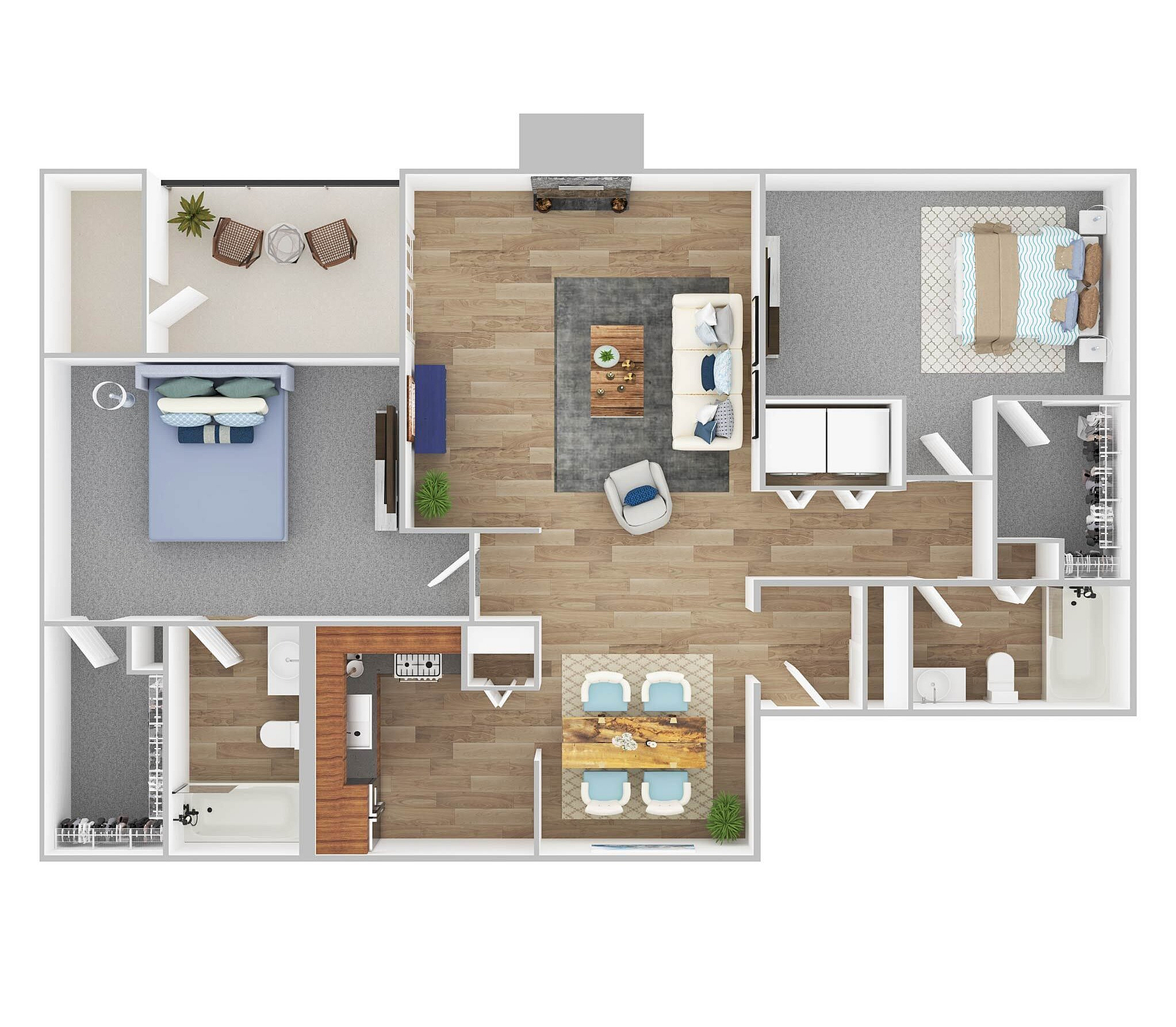 Modern floor plan showcasing 2 spacious bedrooms, an inviting living room, elegant dining area, and well-appointed kitchen.