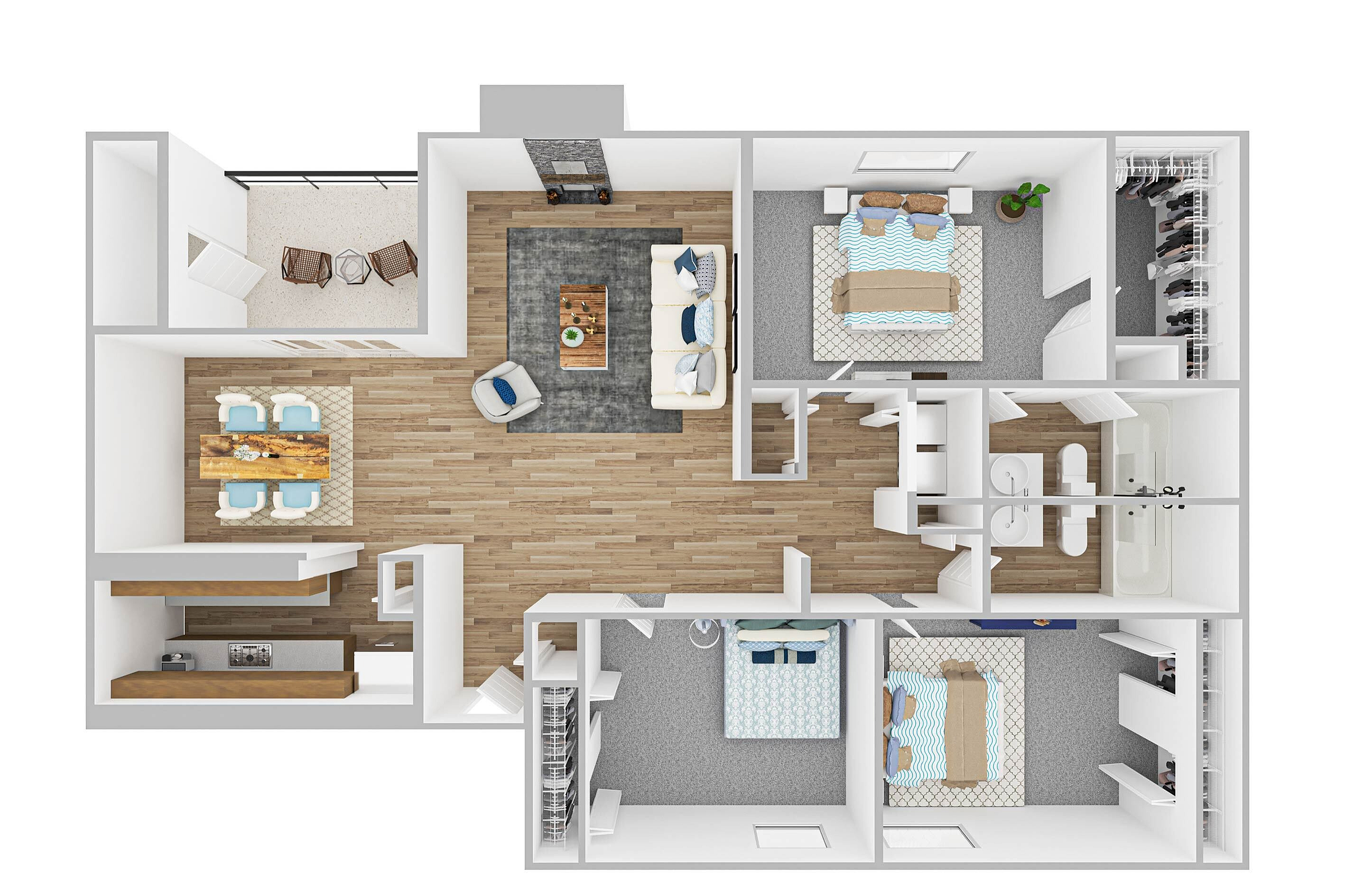 Chic 3D floor plan showcasing 3 bedrooms, spacious living area, modern dining room, and private balcony.
