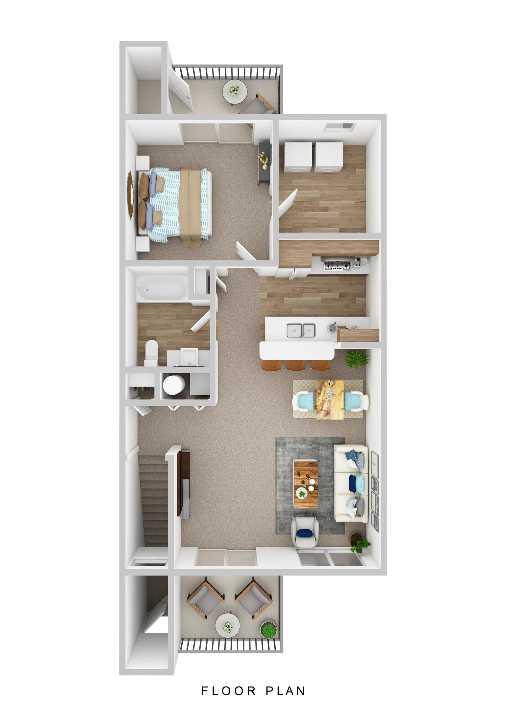 Cozy floor plan featuring a spacious bedroom, modern open-concept kitchen and living area, stylish bathroom, and two charming balconies.