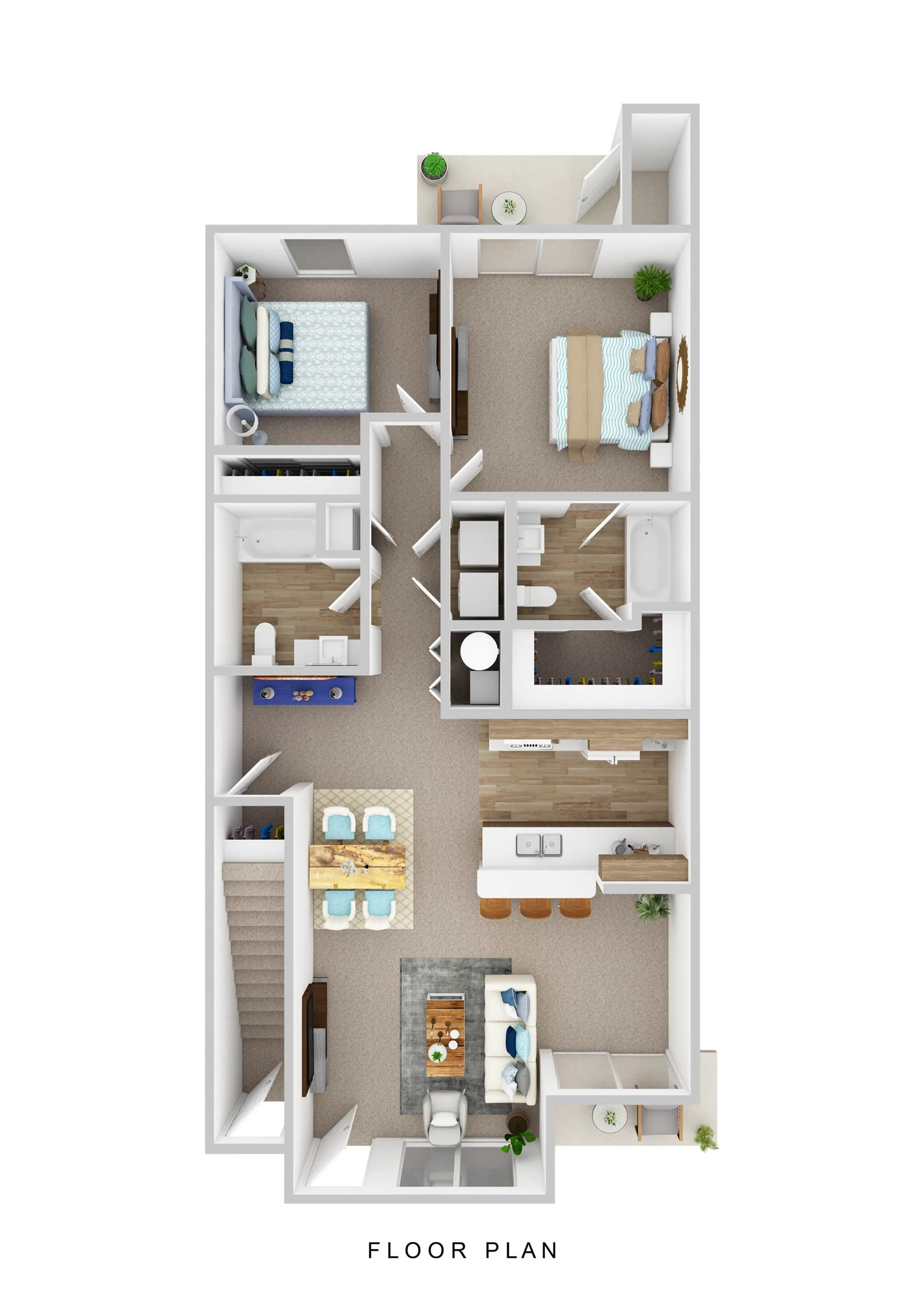Modern floor plan with two spacious bedrooms, two elegant bathrooms, and an open-concept kitchen and living area, perfect for comfortable living.