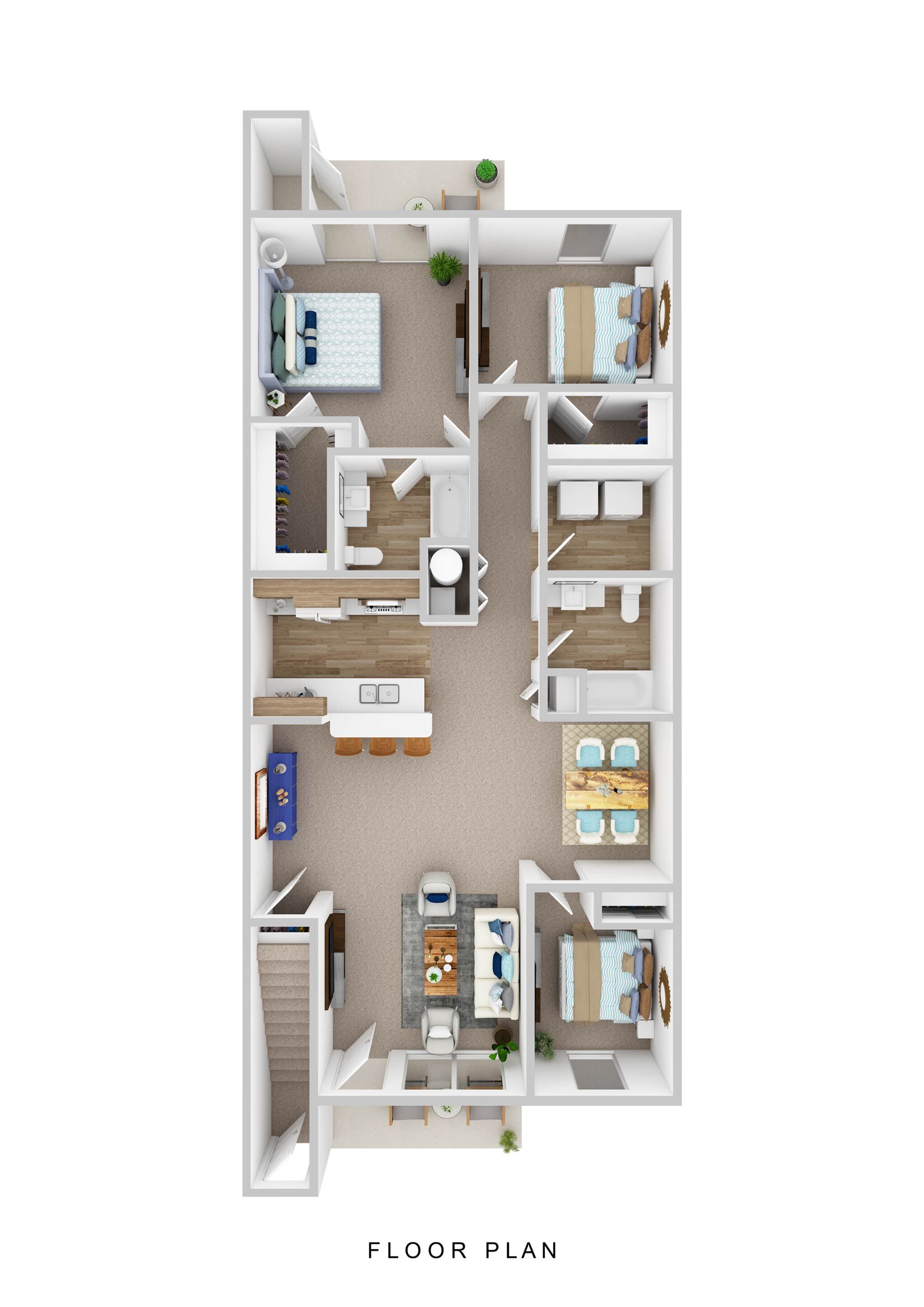 Contemporary floor plan showcasing 3 bedrooms, a stylish open-concept living room, modern kitchen with breakfast bar, and cozy dining area.