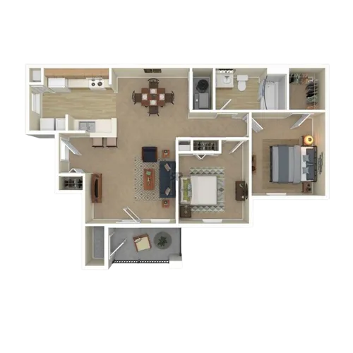 Inviting floor plan showcasing 2 cozy bedrooms, airy living space, efficient kitchen, and modern bathroom.