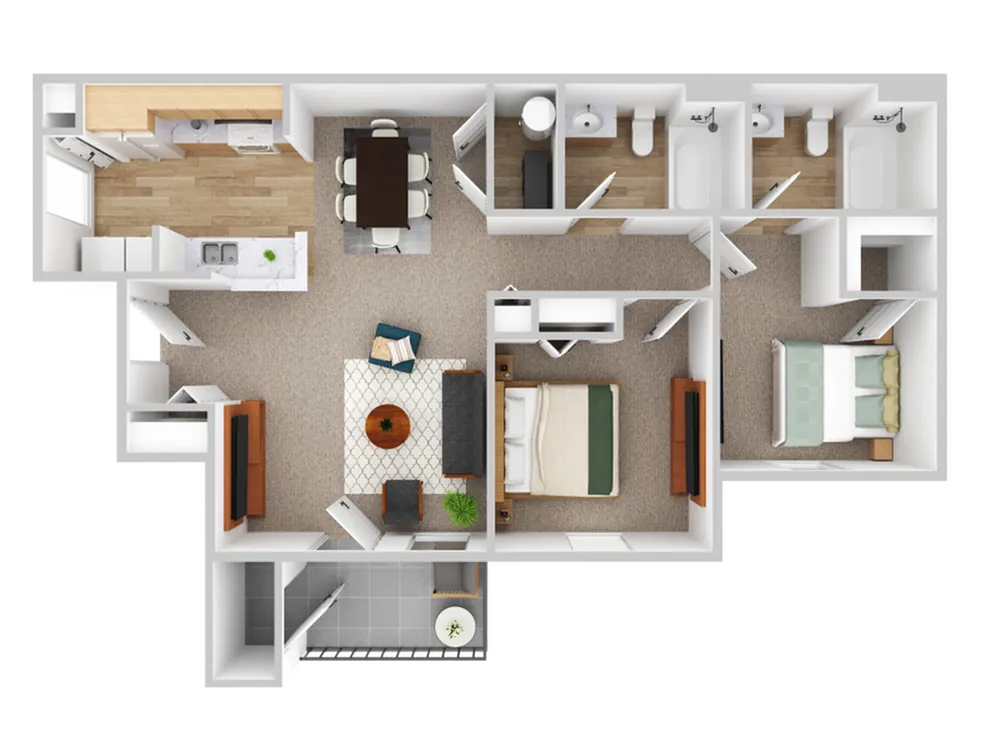 Contemporary floor plan showcasing two spacious bedrooms, an open living area, a modern kitchen, and dual bathrooms, perfect for comfortable living.