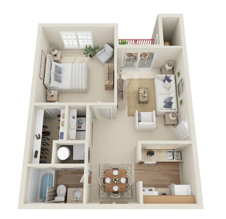 Charming 3D floor plan featuring a cozy one-bedroom layout with a spacious living area, modern kitchen, and elegant dining space.