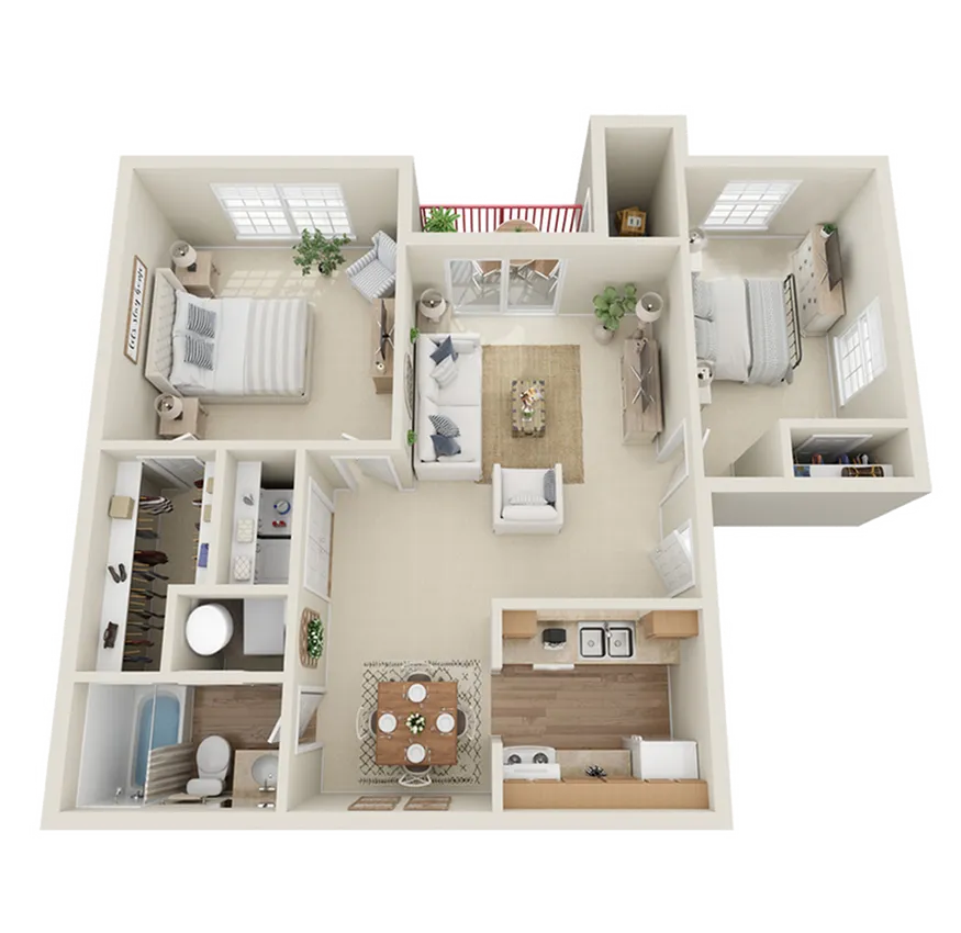 Modern 3D floor plan showcasing 2 bedrooms, inviting living room, cozy kitchen, and elegant dining area with access to a balcony.