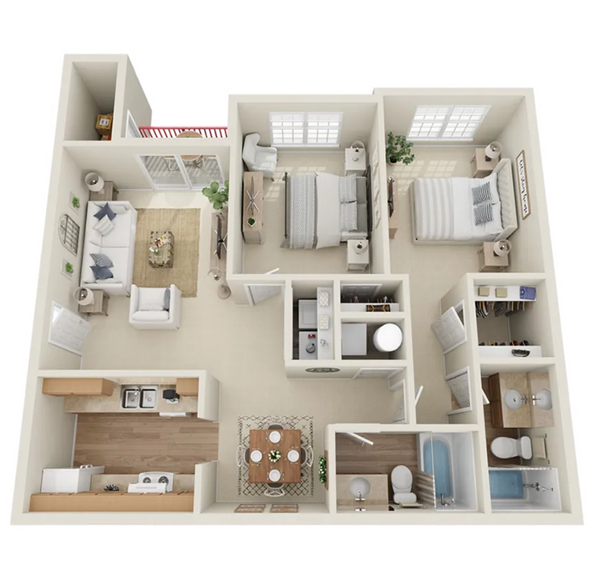 Modern and inviting 3D floor plan featuring 2 bedrooms, an open-concept living and dining area, and a fully equipped kitchen.