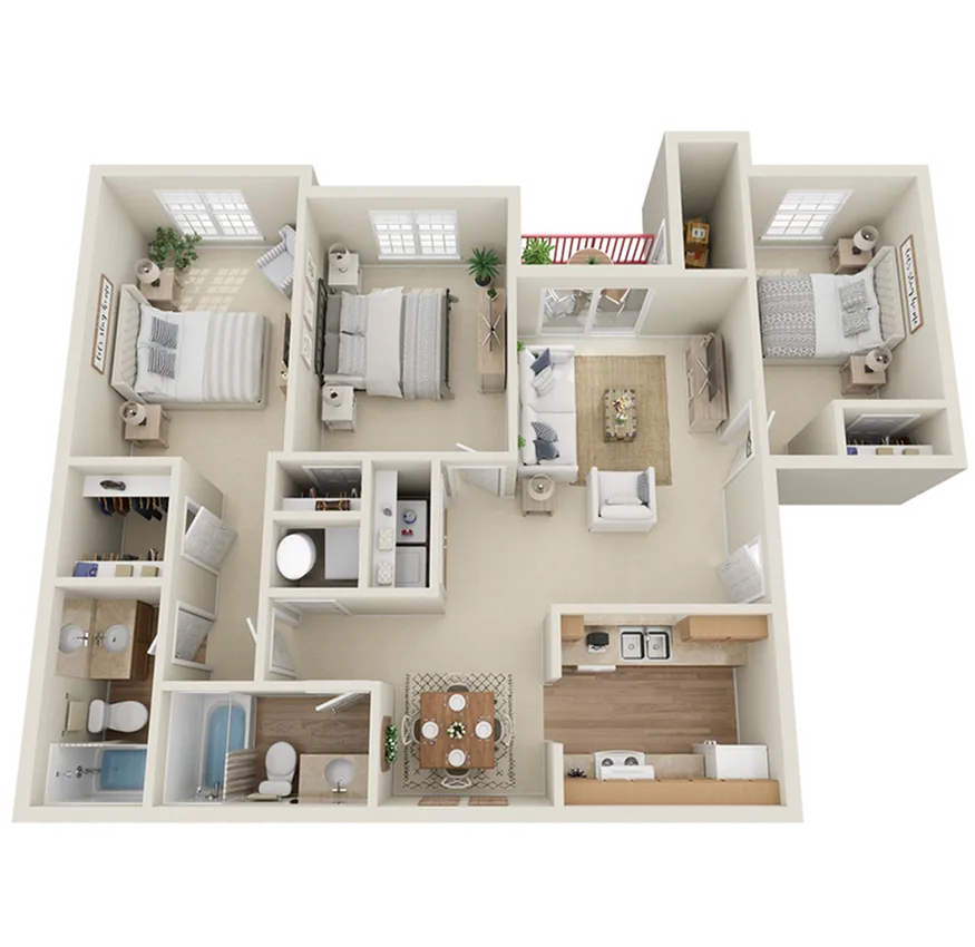 Contemporary 3D floor plan highlighting 3 bedrooms, cozy living room, modern kitchen, and stylish dining area with two bathrooms.
