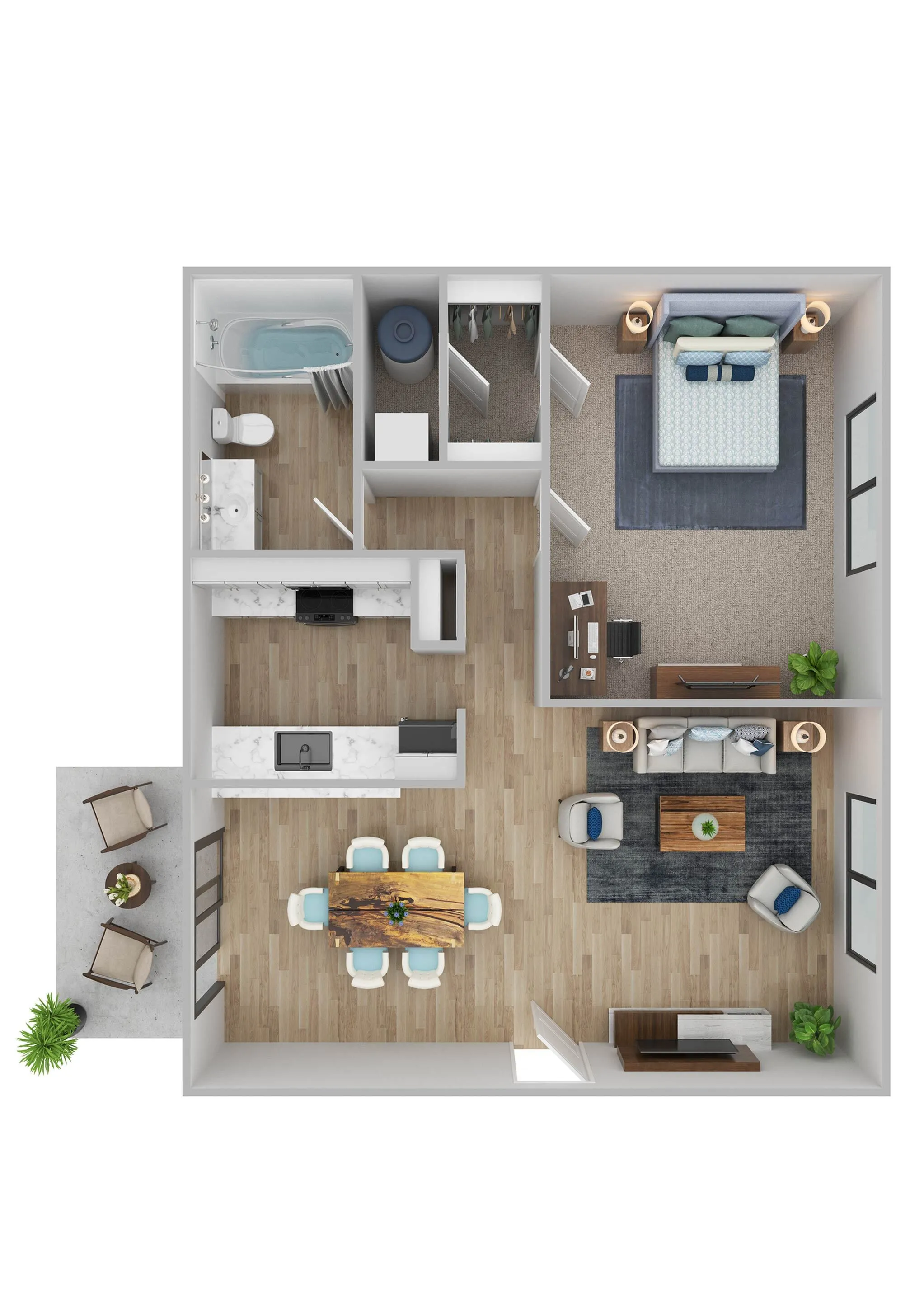 Chic floor plan showcasing a spacious 1-bedroom apartment with an inviting living room, modern kitchen, elegant dining area, luxurious bathroom, and cozy outdoor patio.