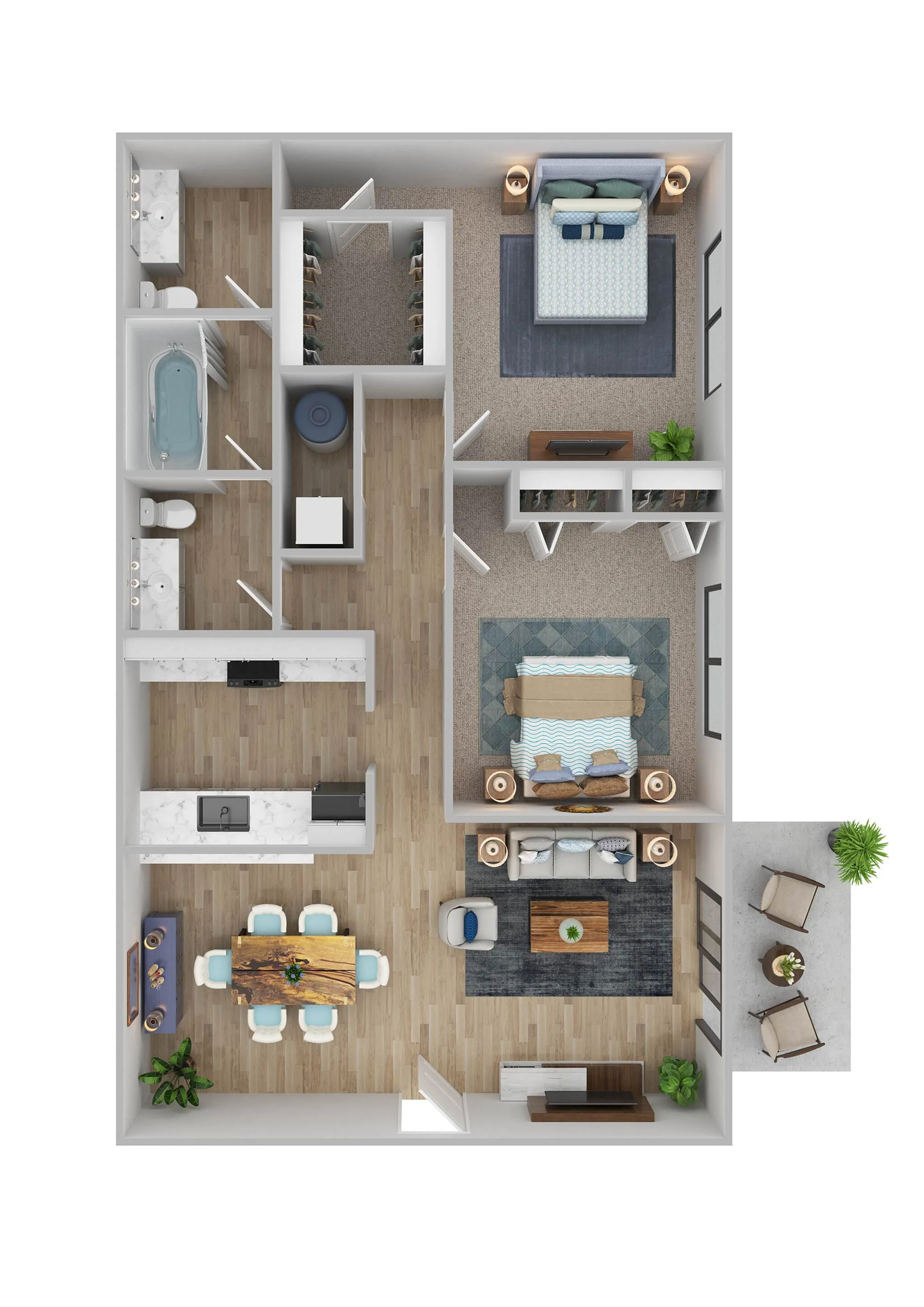 Modern 3D floor plan showcasing two spacious bedrooms, a stylish open-concept kitchen, and cozy living area with balcony access.