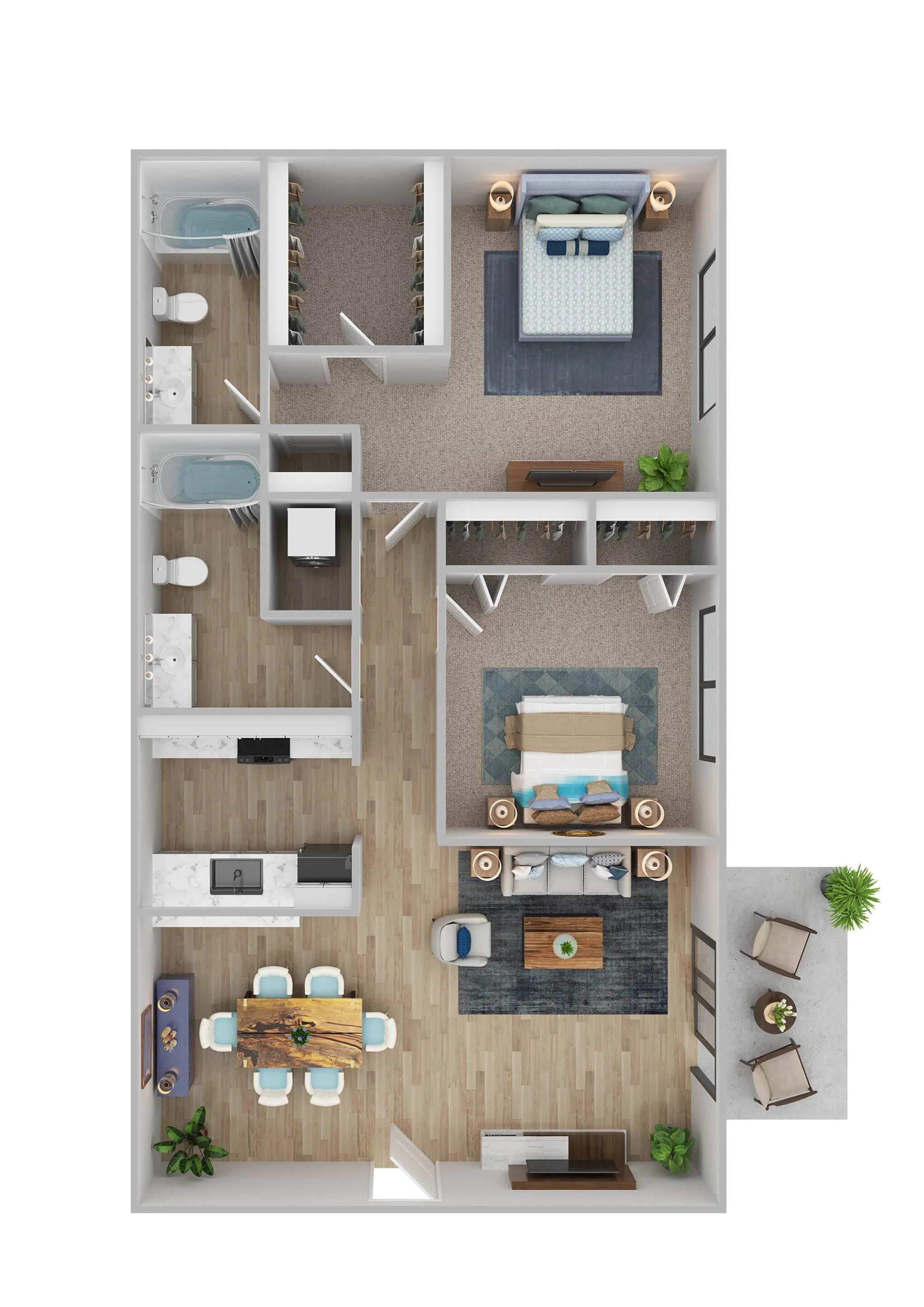 Modern 3D floor plan showcasing one-bedroom, two-bathrooms, open living room, stylish kitchen, and charming balcony.