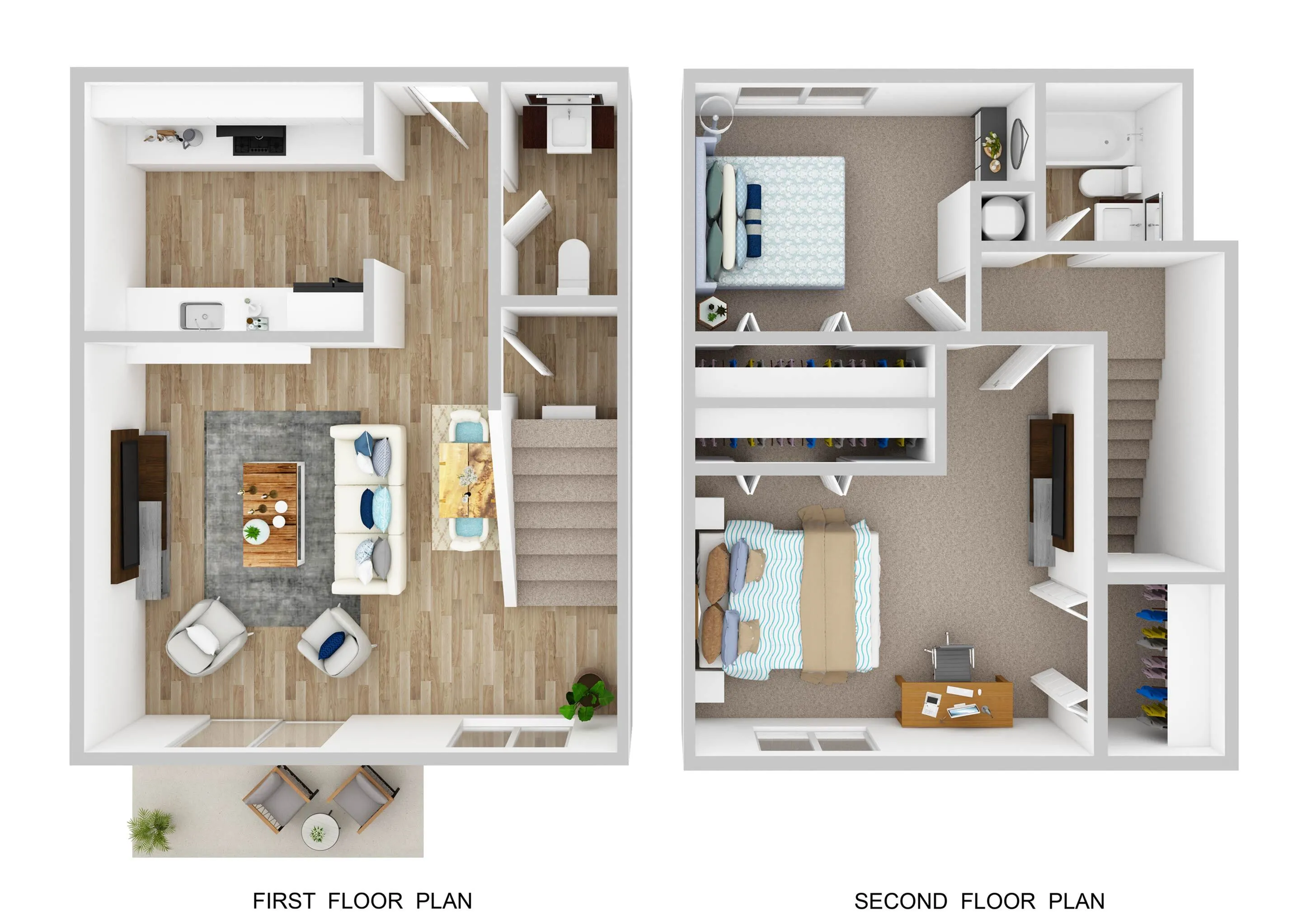 Modern two-story floor plan showcasing an open-concept living room and kitchen on the first floor, and two cozy bedrooms with en-suite bathrooms on the second floor.