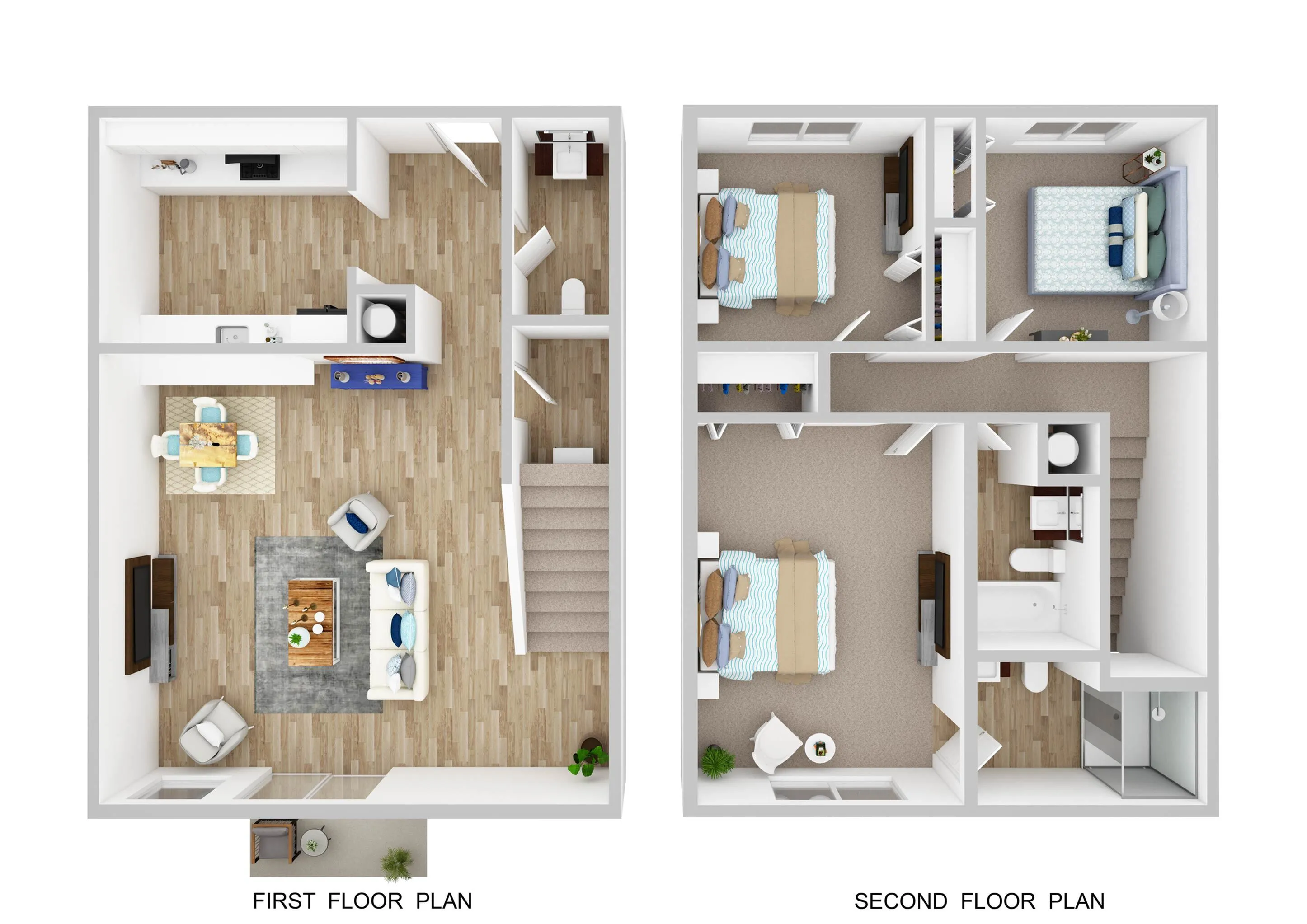 Elegant two-story floor plan featuring an open-concept living area with kitchen and dining on the first floor, and three cozy bedrooms on the second floor with a modern bathroom layout.