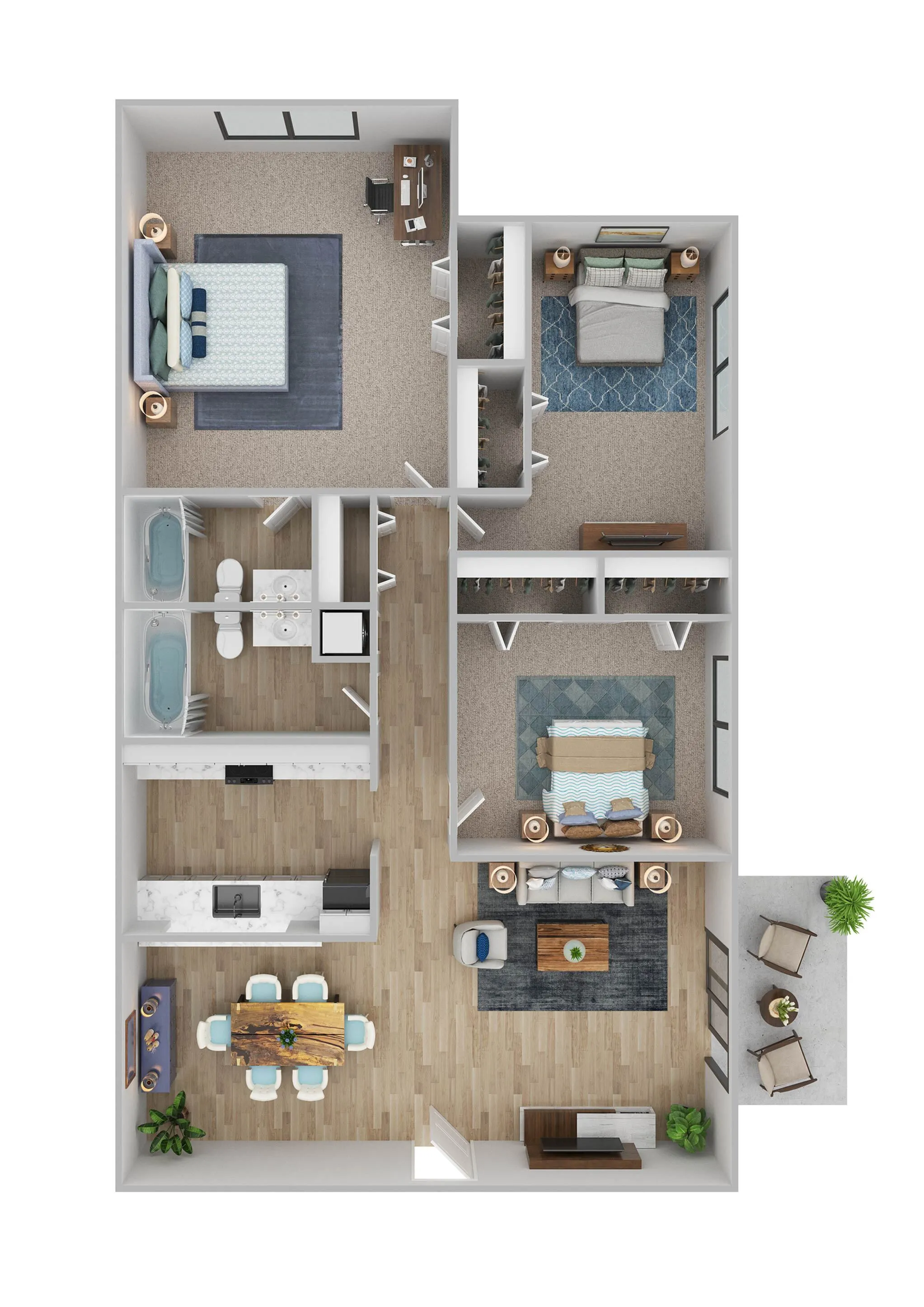 Modern 3D floor plan featuring three spacious bedrooms, an open-concept living and dining area, and a stylish kitchen with marble countertops. Includes two luxurious bathrooms and a cozy balcony for relaxation.