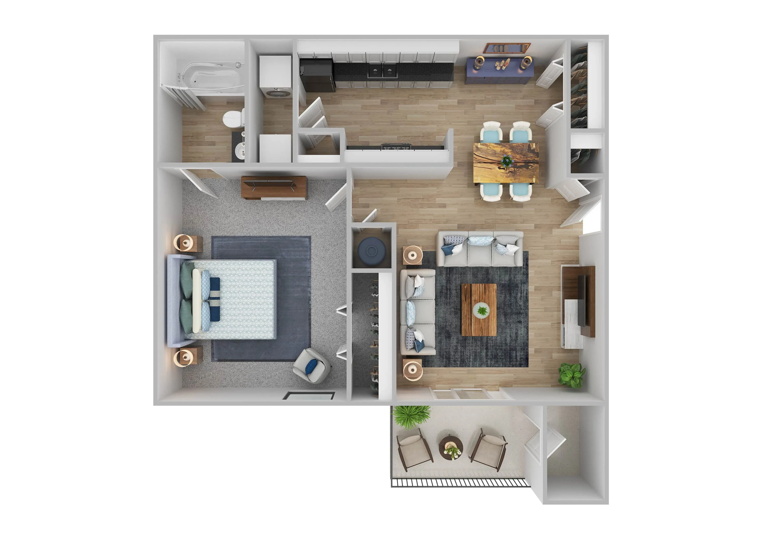 Modern 3D floor plan showcasing 1 bedroom, an open-concept living and dining area, spacious kitchen, and a cozy balcony.
