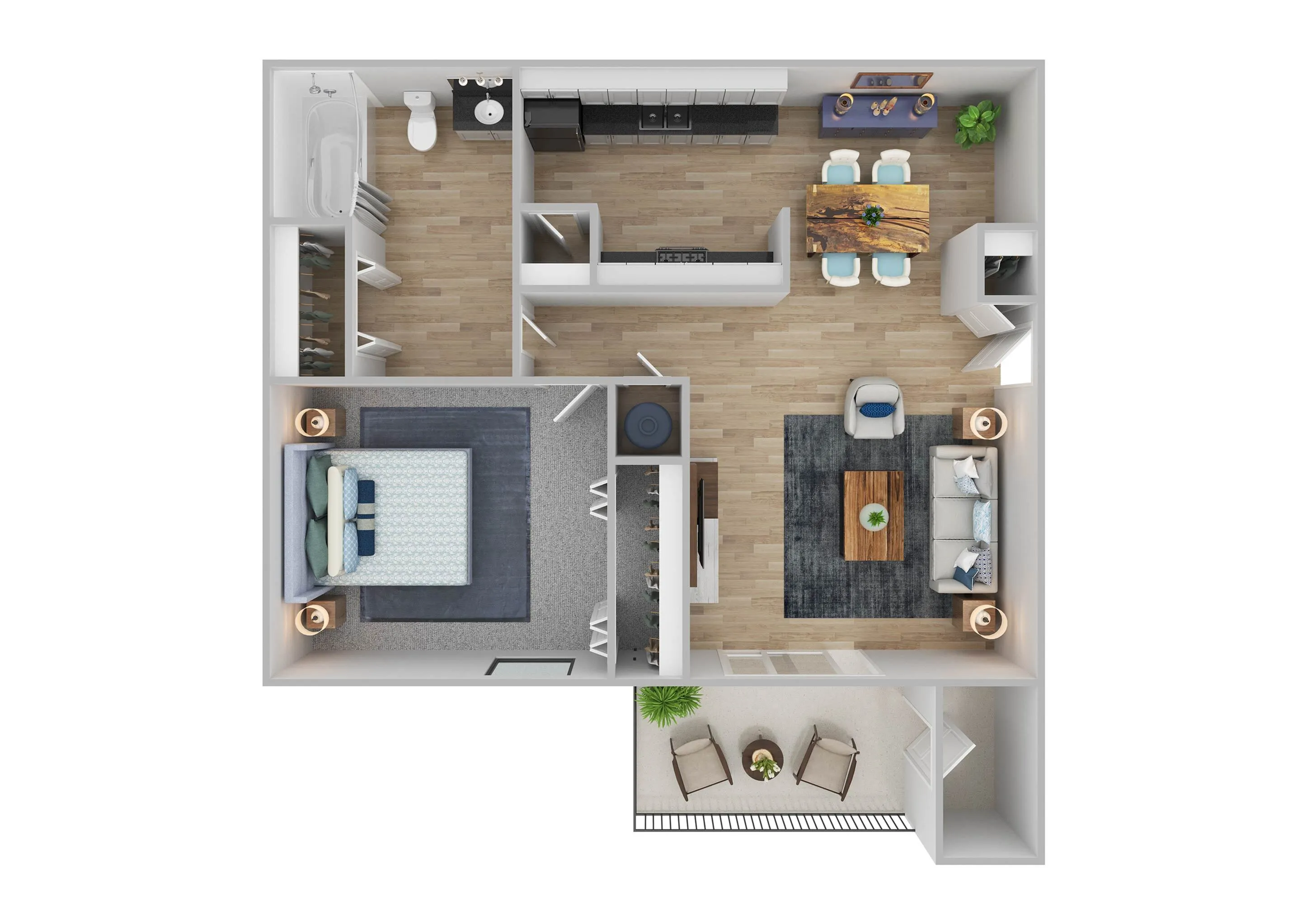 Modern floor plan showcasing one spacious bedroom, an elegant open-concept kitchen and dining area, cozy living room, and a charming balcony with outdoor seating.