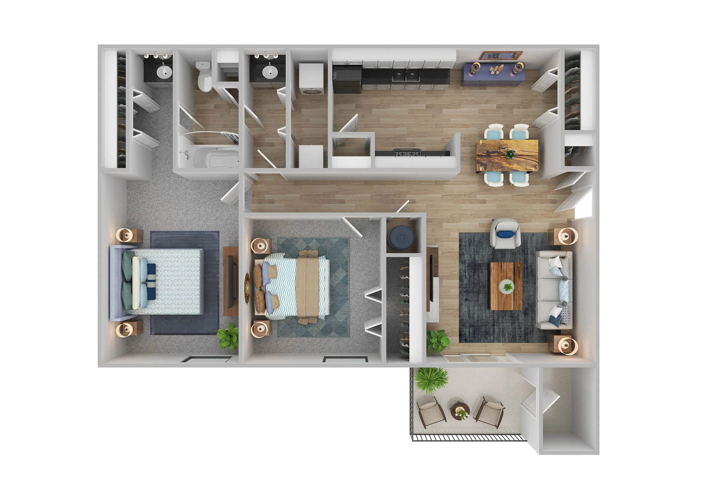 Contemporary 3D floor plan showcasing two bedrooms, open living and dining area, modern kitchen, and private balcony.