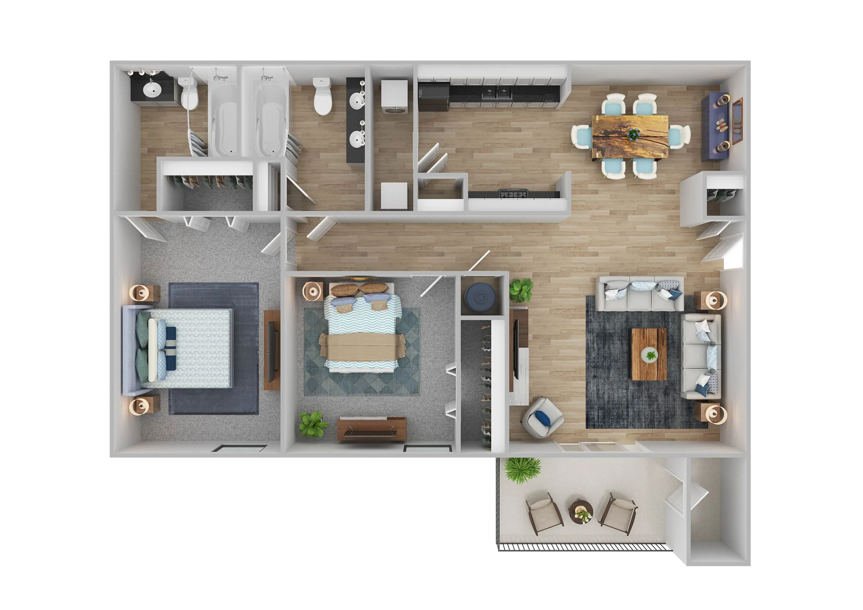 Elegant 3D floor plan featuring 2 bedrooms, 2 bathrooms, a spacious living area, modern kitchen, dining room, and a cozy balcony.