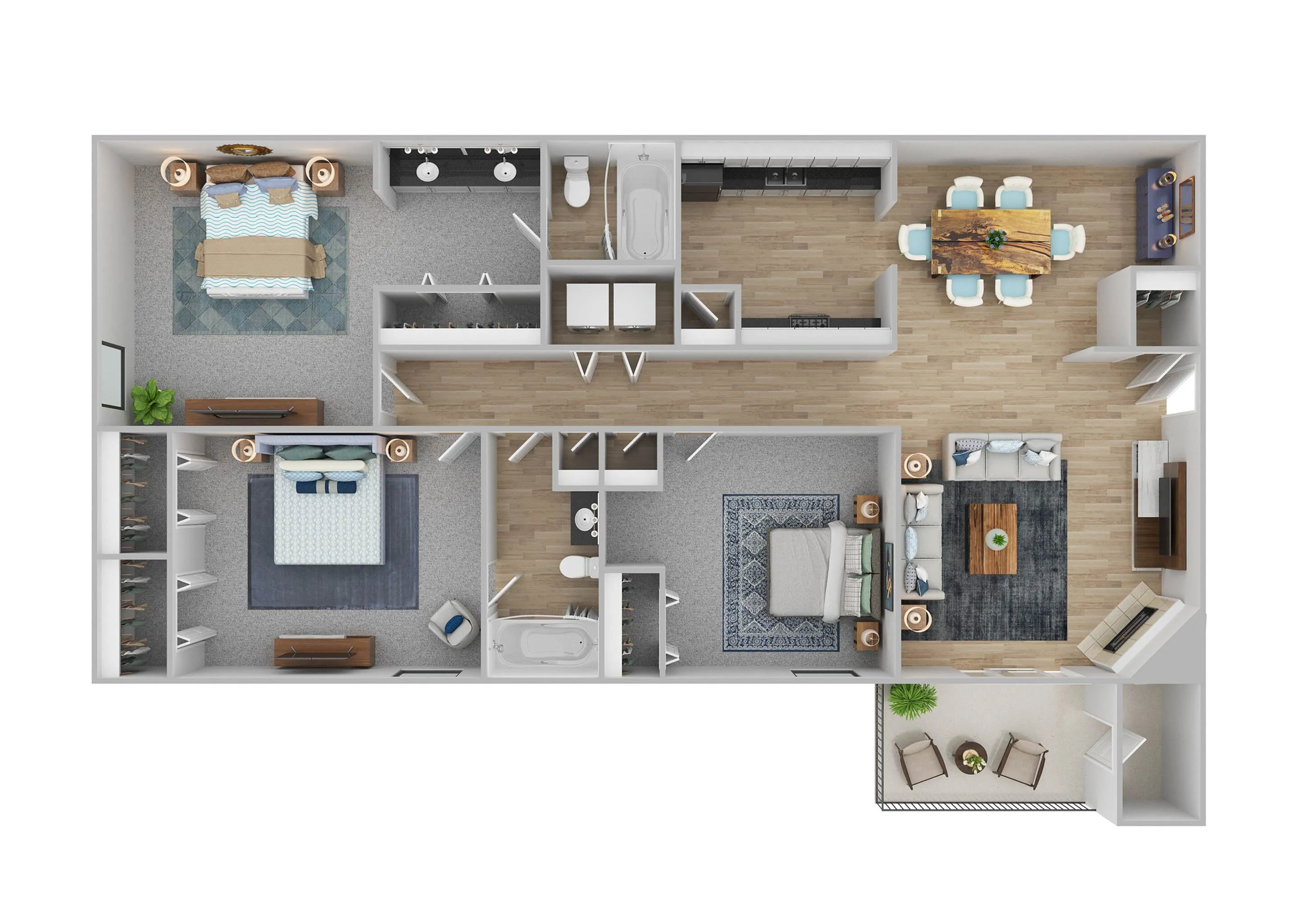 Modern 3D floor plan showcasing 2 spacious bedrooms, a chic open-concept living and dining area, a sleek kitchen, and a cozy balcony.