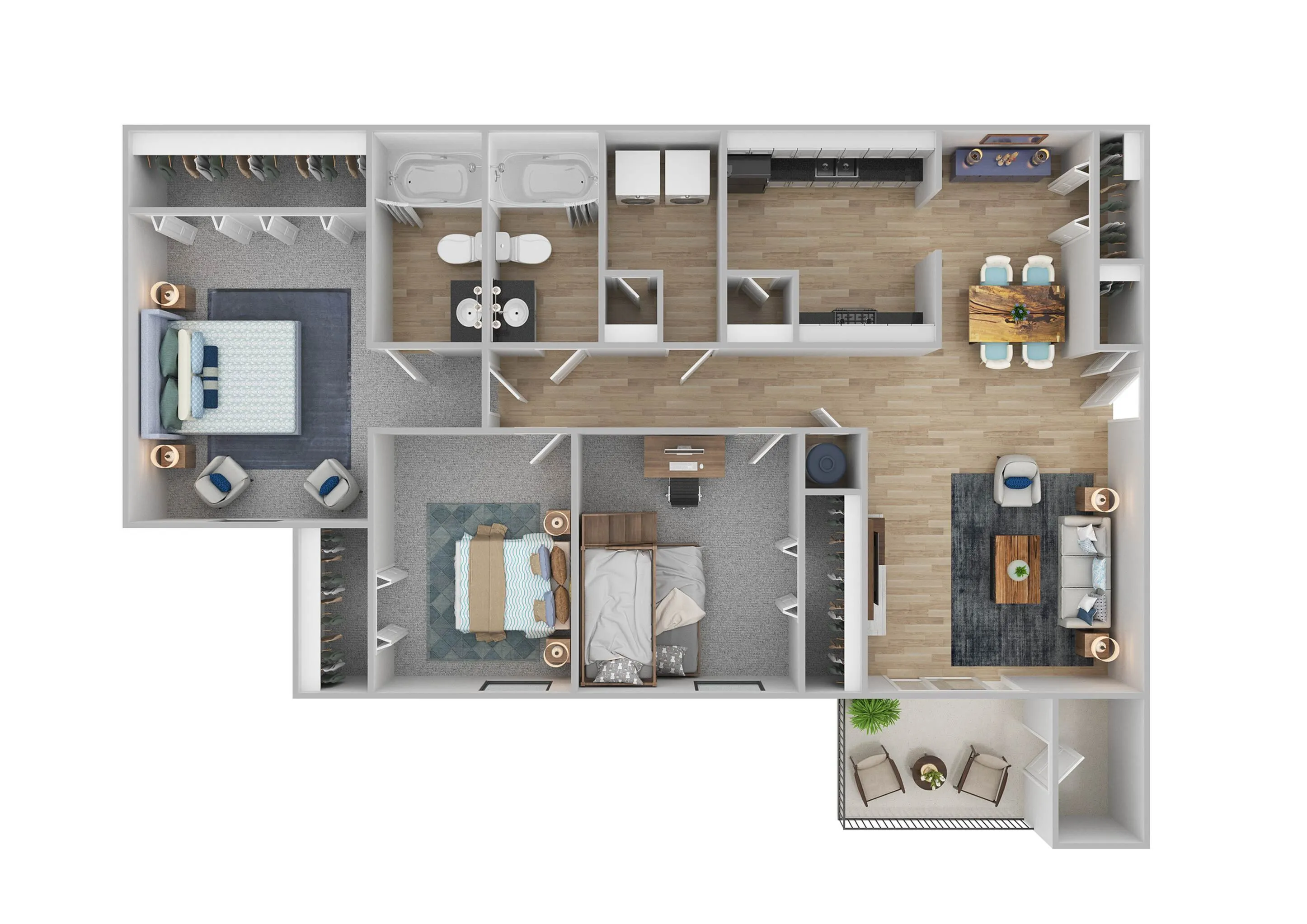 Modern floor plan displaying a spacious 3-bedroom layout with two elegant bathrooms, open-concept living room, gourmet kitchen, and a charming balcony.