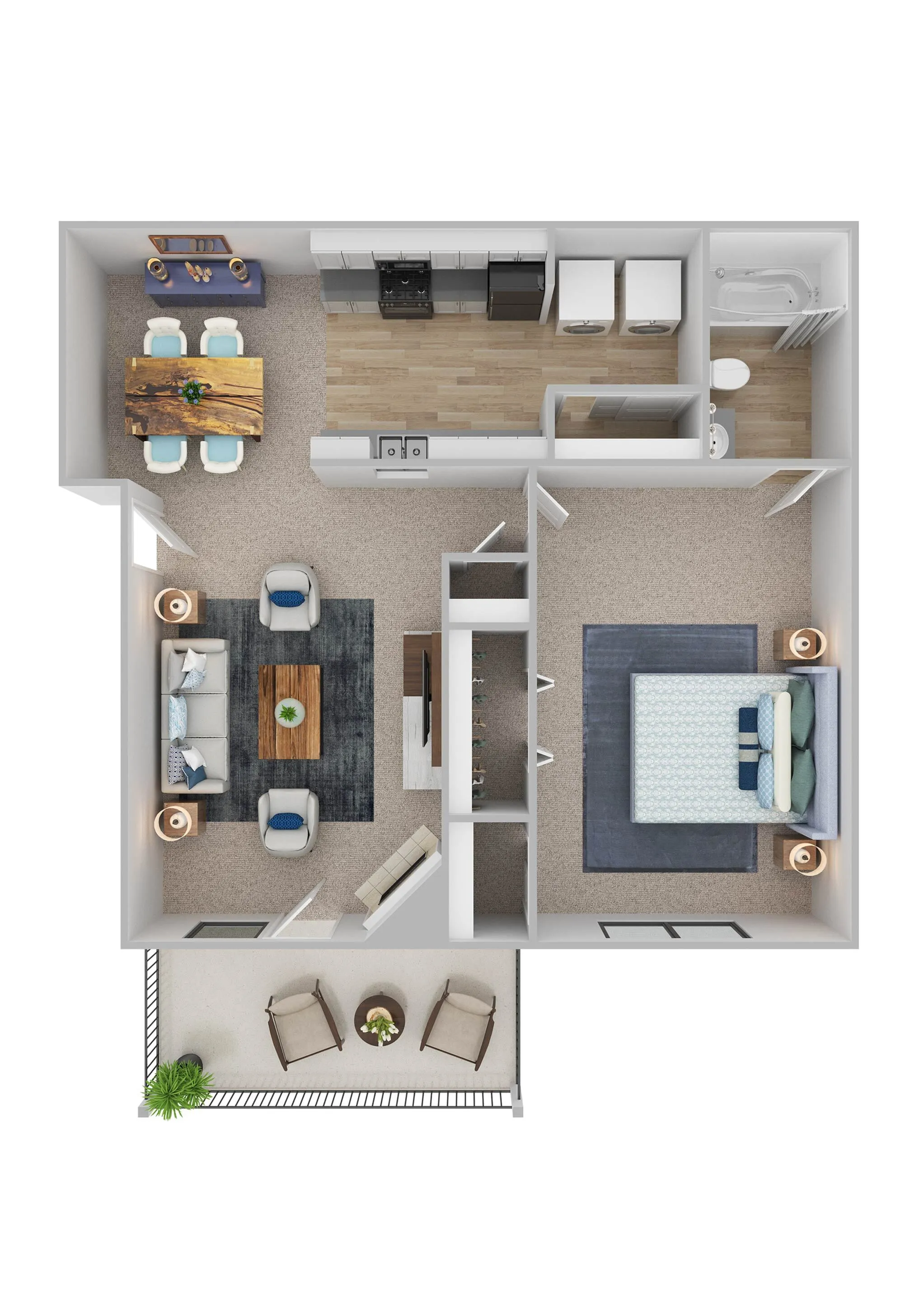 Elegant 3D floor plan featuring one spacious bedroom, open-concept living and dining area, modern kitchen, and cozy balcony.