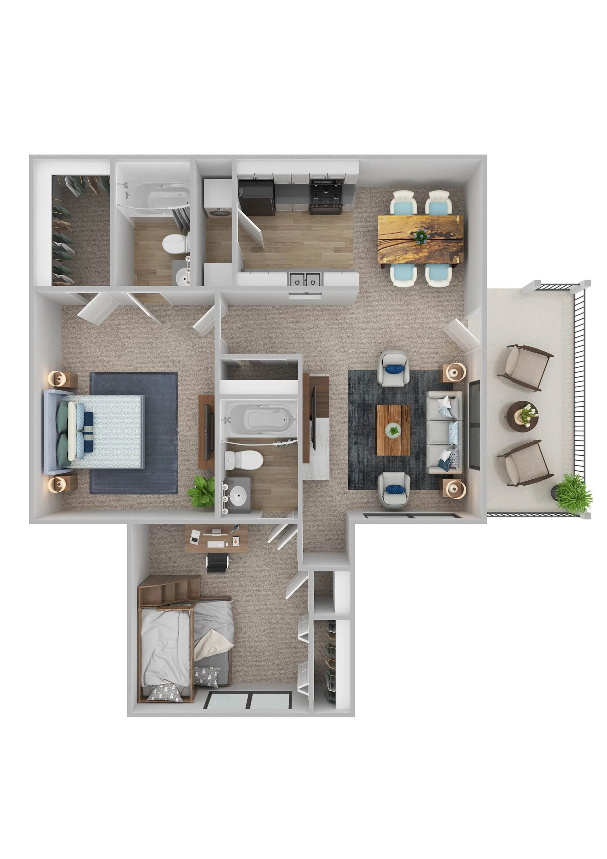 Modern 3D floor plan showcasing 2 bedrooms, elegant living room, fully equipped kitchen, and cozy balcony seating area.