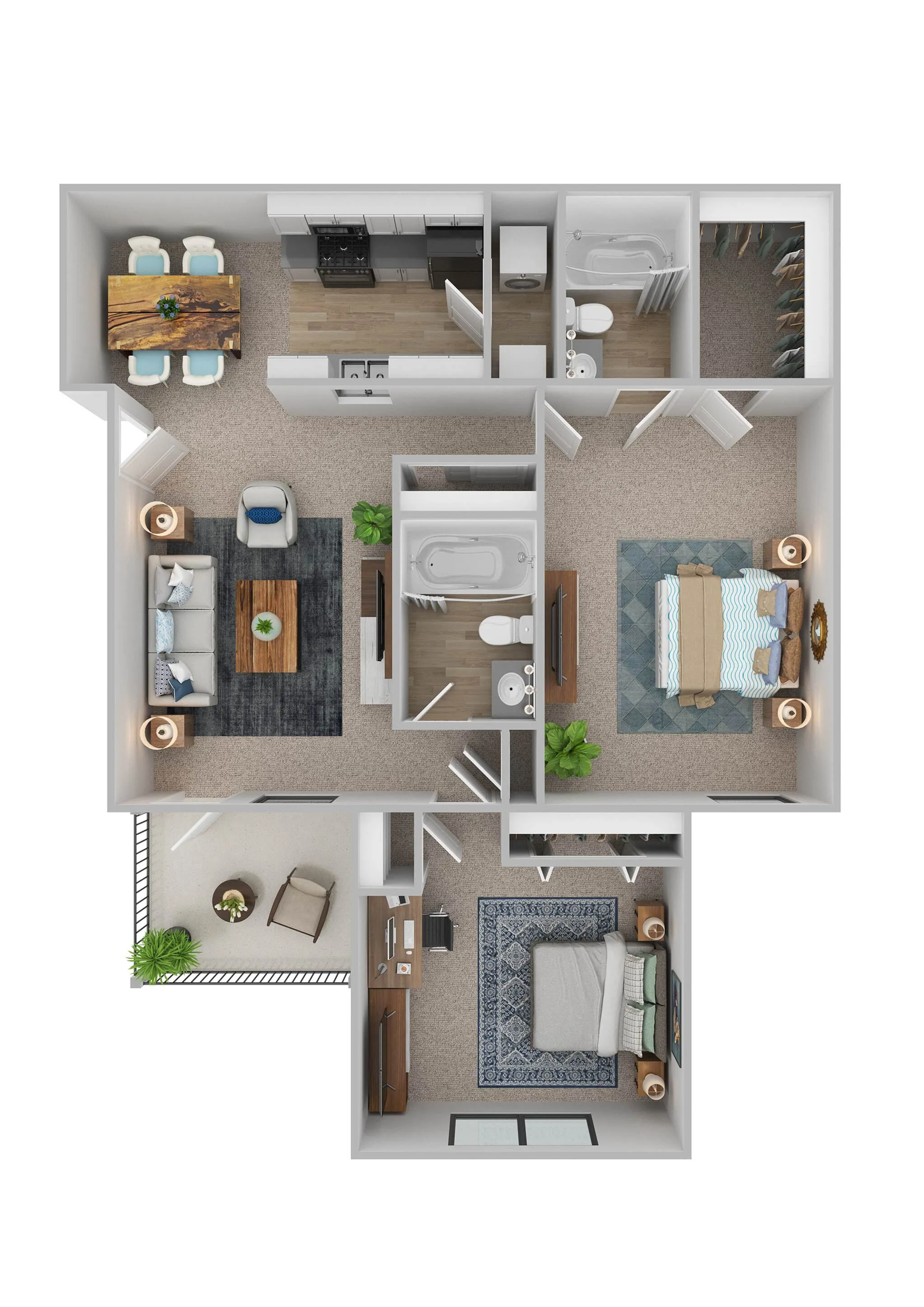 Inviting 3D floor plan featuring 2 bedrooms, open living area, modern kitchen, and cozy balcony.