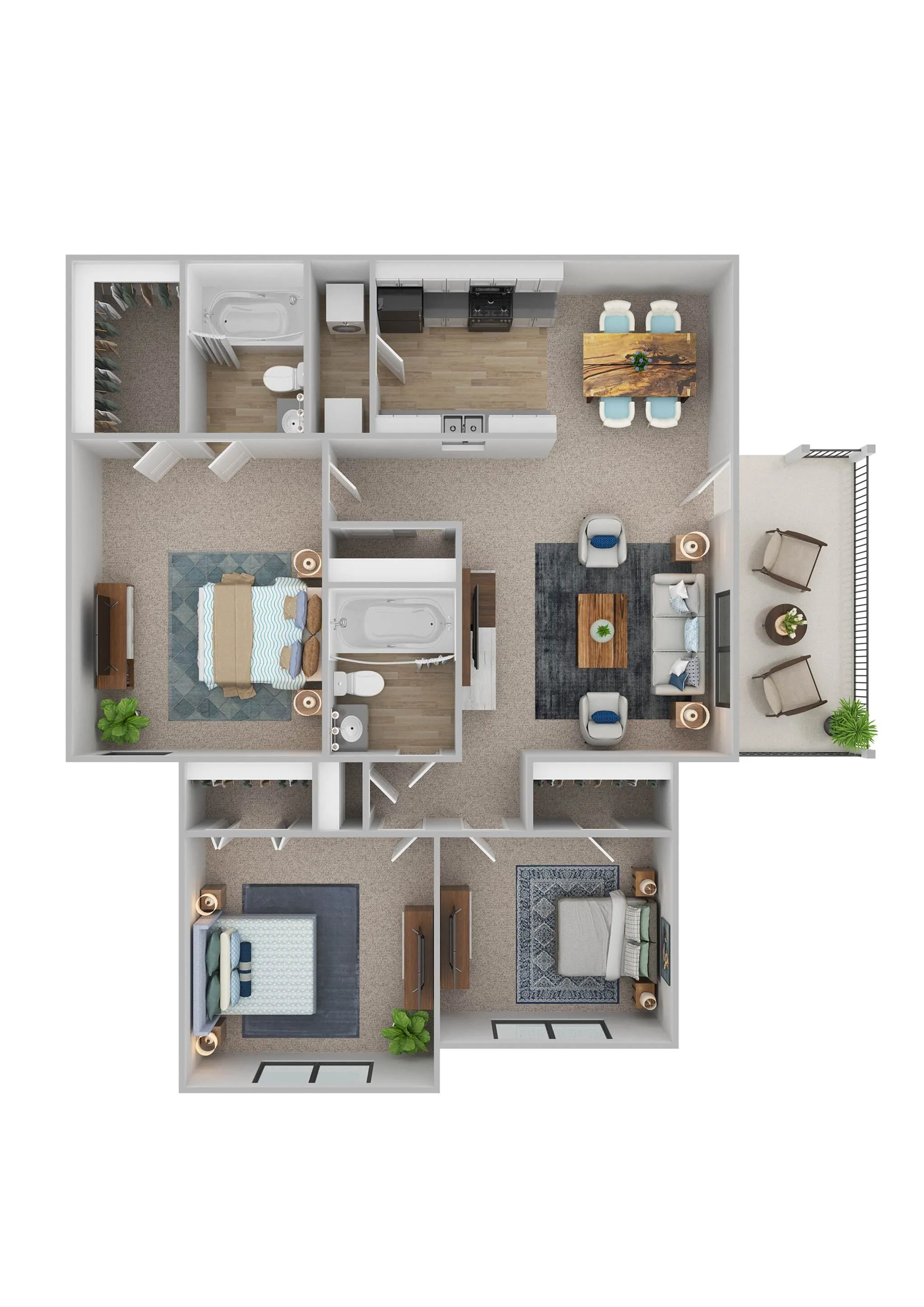 Modern 2D apartment floor plan showcasing three cozy bedrooms, a stylish open-concept living and dining area, and a well-designed kitchen with ample space.