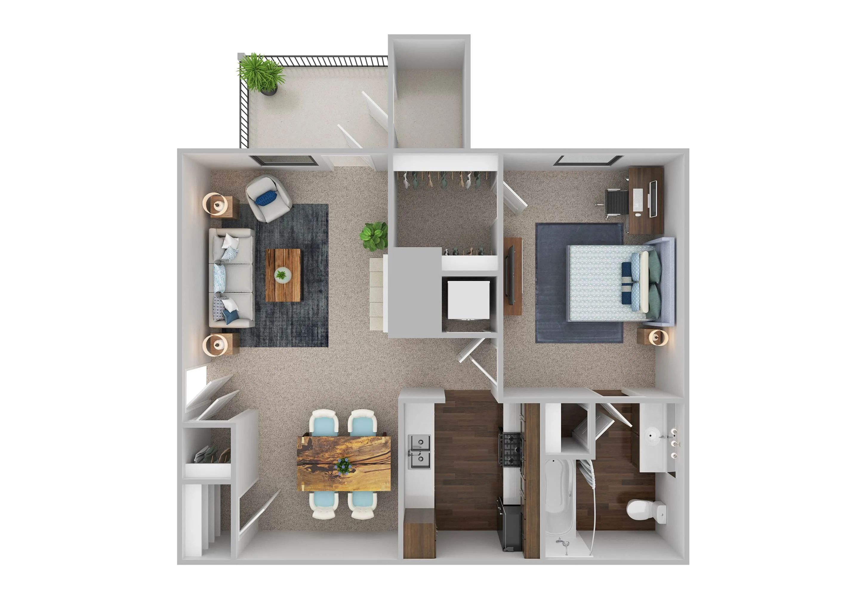 Chic 3D floor plan showcasing a cozy 1-bedroom apartment with open-concept living and dining area, modern kitchen, elegant bathroom, and private balcony.
