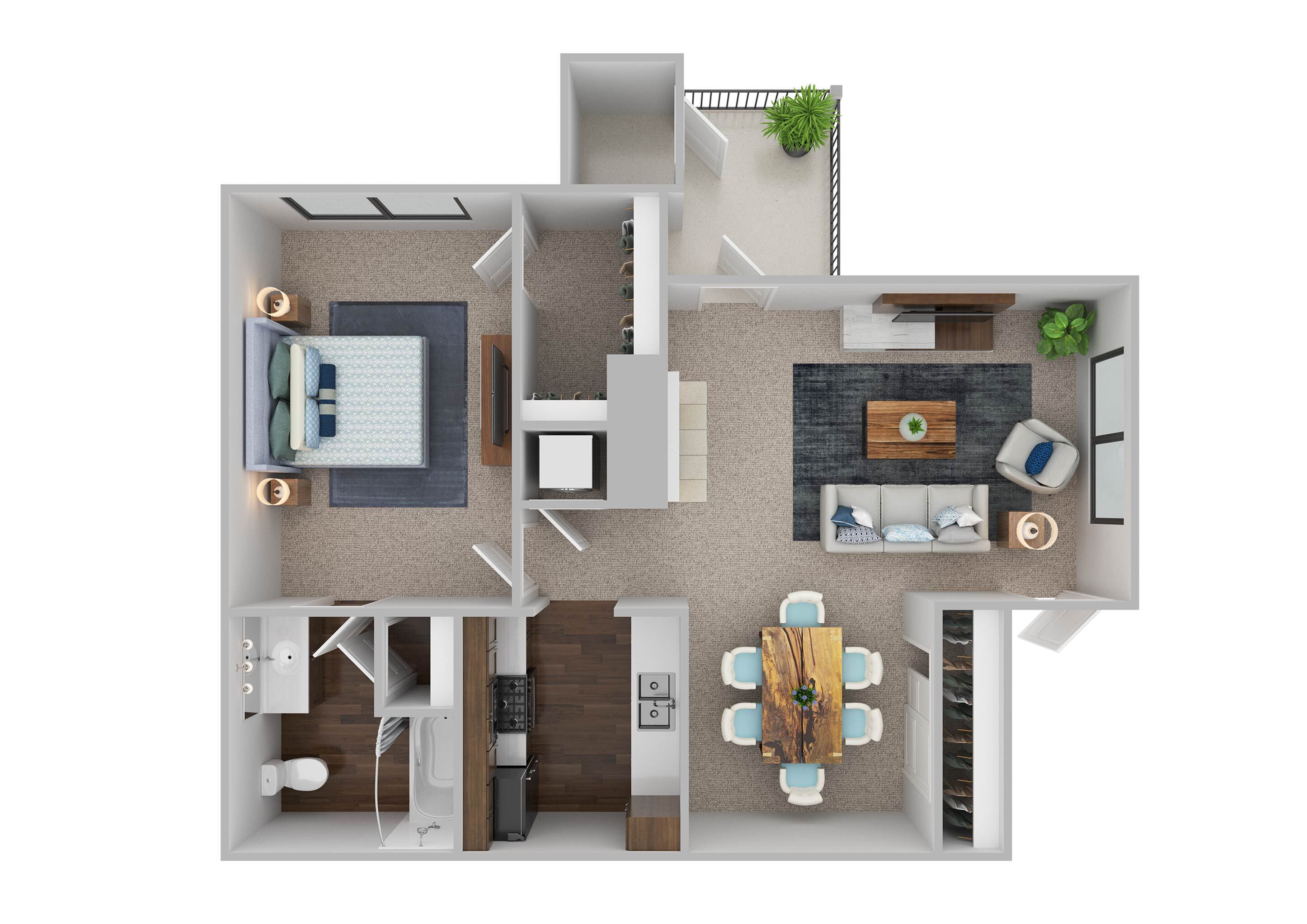 Contemporary 2D floor plan featuring a spacious bedroom, modern living area, stylish dining space, and sleek kitchen with hardwood flooring.