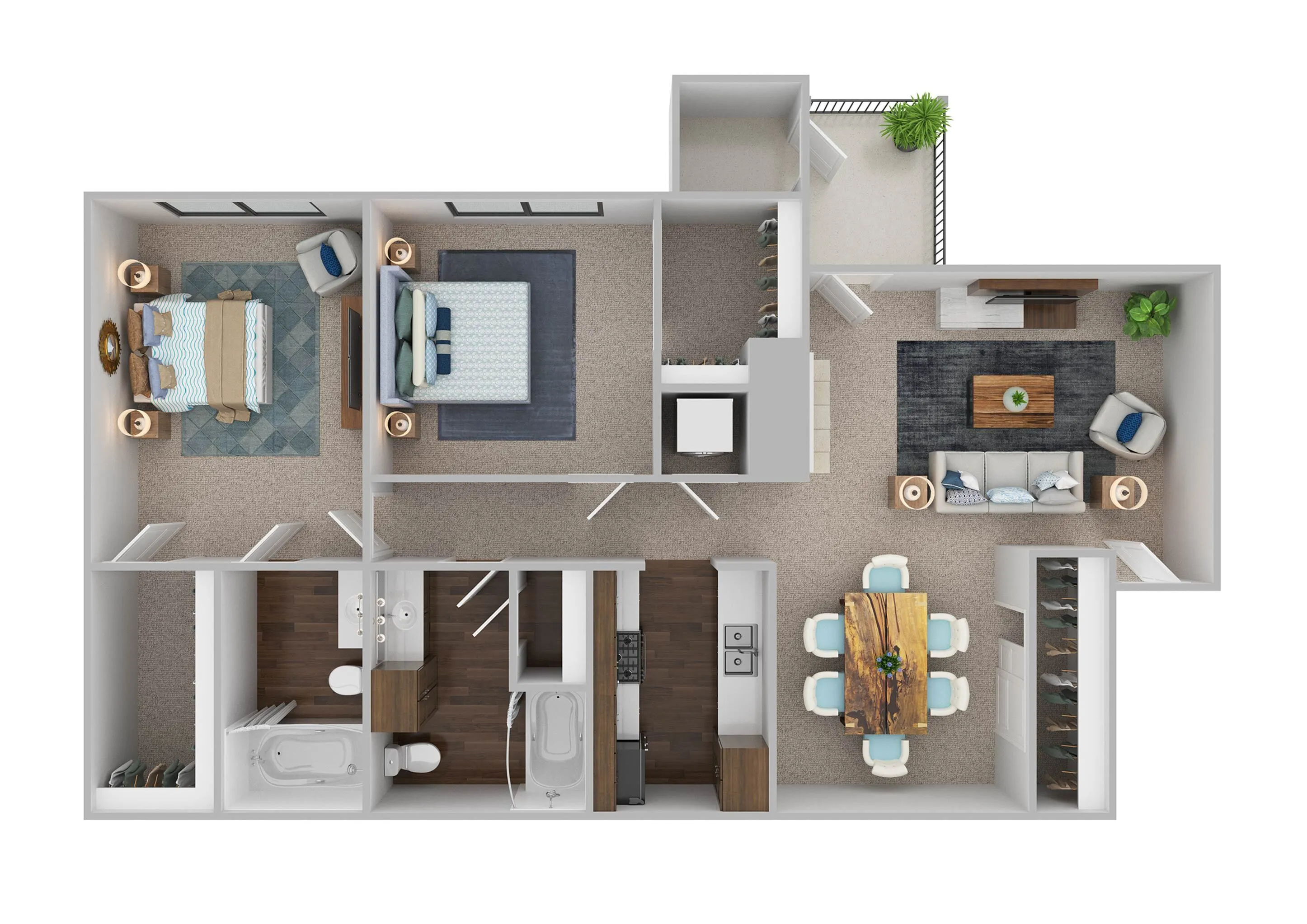Charming 3D floor plan showcasing a stylish two-bedroom apartment with elegant living and dining areas, modern kitchen, and two luxurious bathrooms, complemented by cozy carpeting and sleek wood finishes.