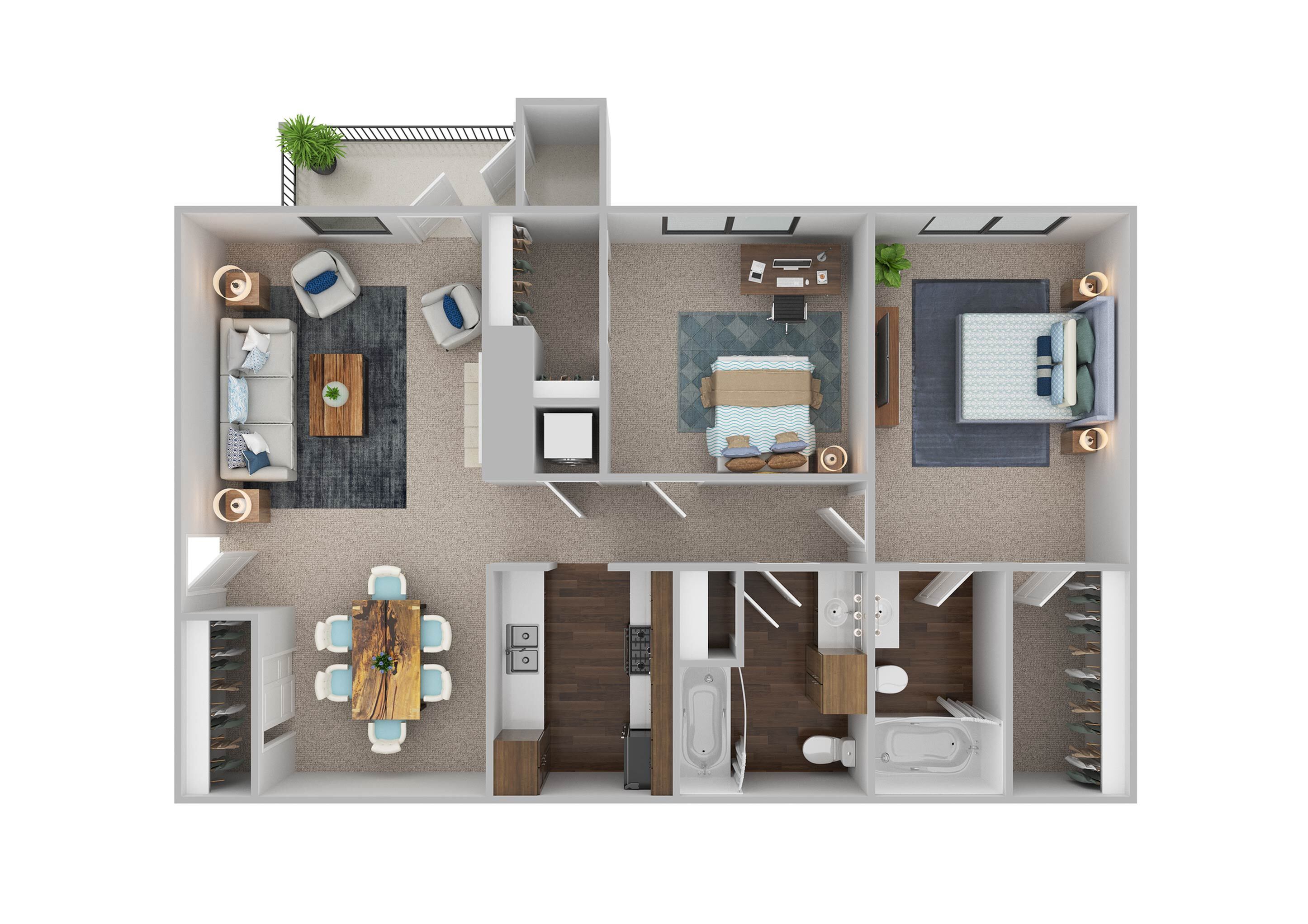 Modern floor plan showcasing spacious 2-bedroom layout with a stylish open living area, elegant dining space, and gourmet kitchen.
