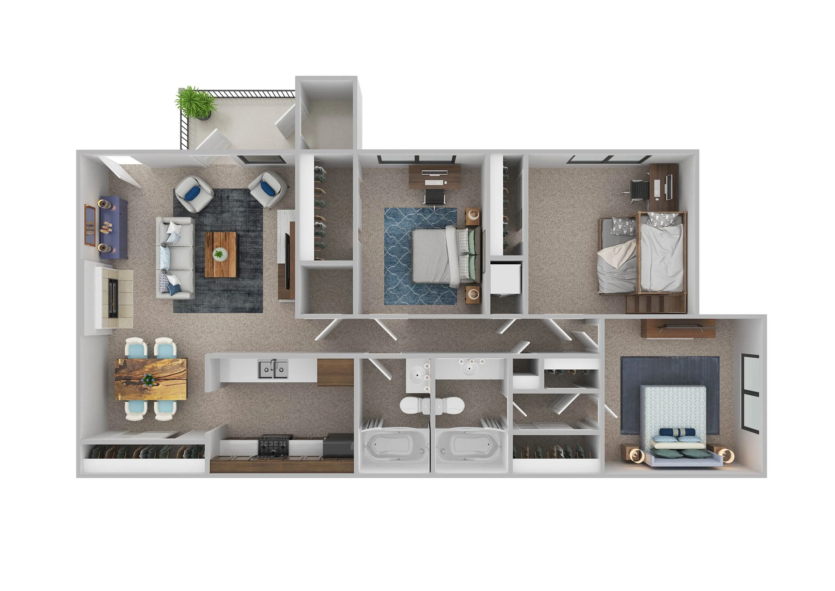 Charming 3-bedroom floor plan with open-concept living area, modern kitchen, and twin bathrooms.
