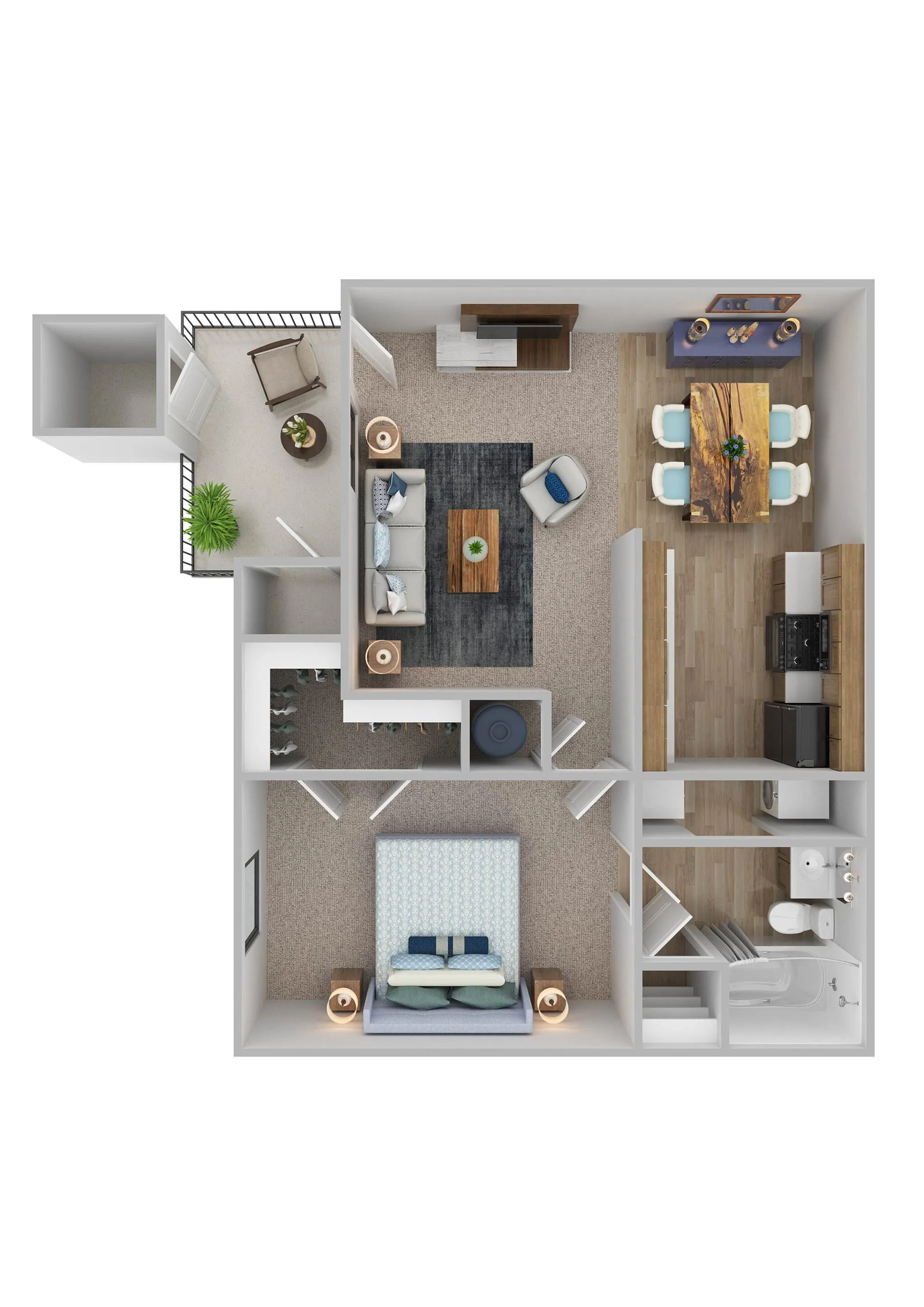 Chic 3D floor plan showcasing a cozy one-bedroom apartment with a spacious living area, modern kitchen, dining space, and a private balcony.
