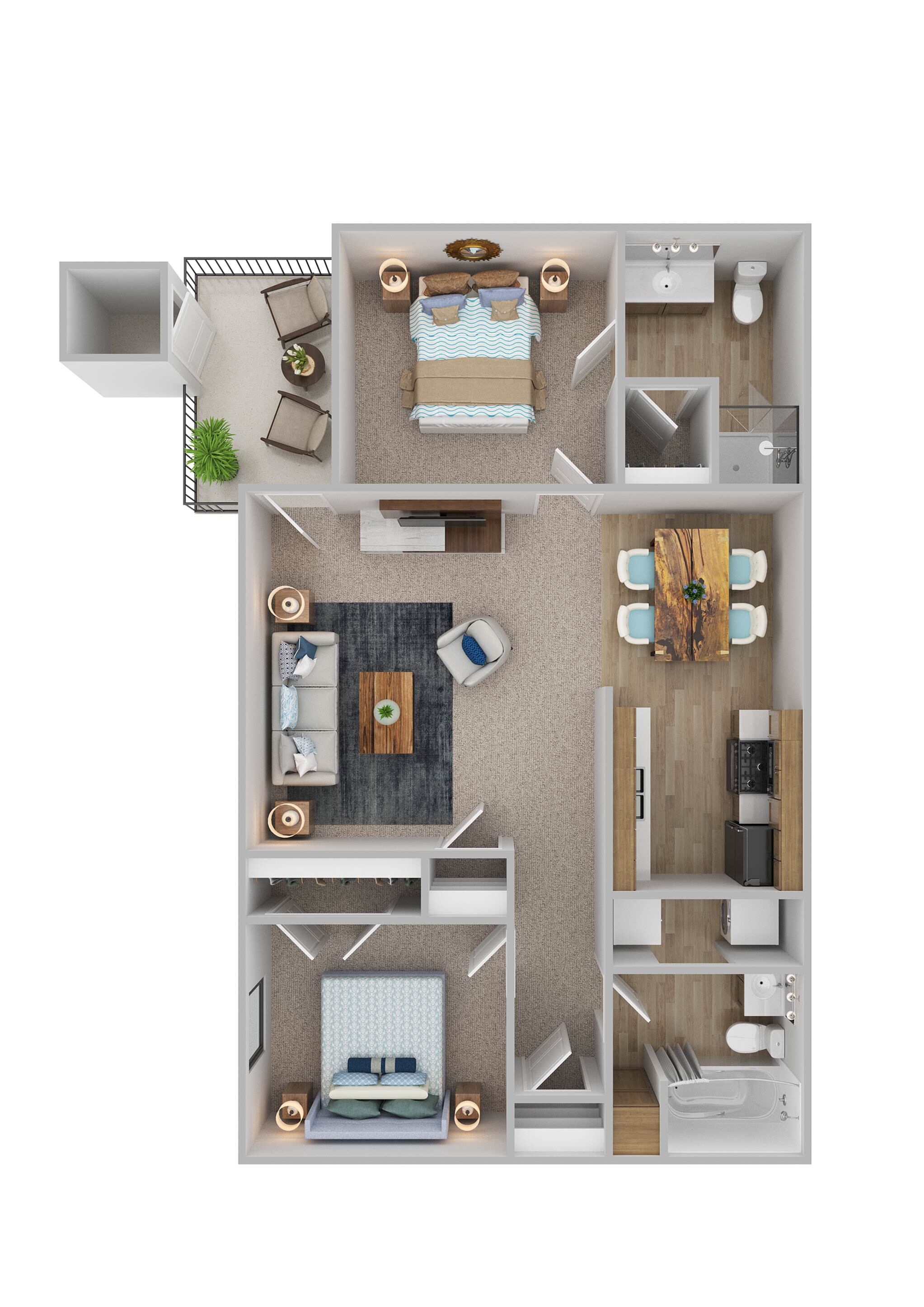 Charming apartment floor plan with two cozy bedrooms, a modern kitchen, and an inviting living room, complemented by a private balcony.