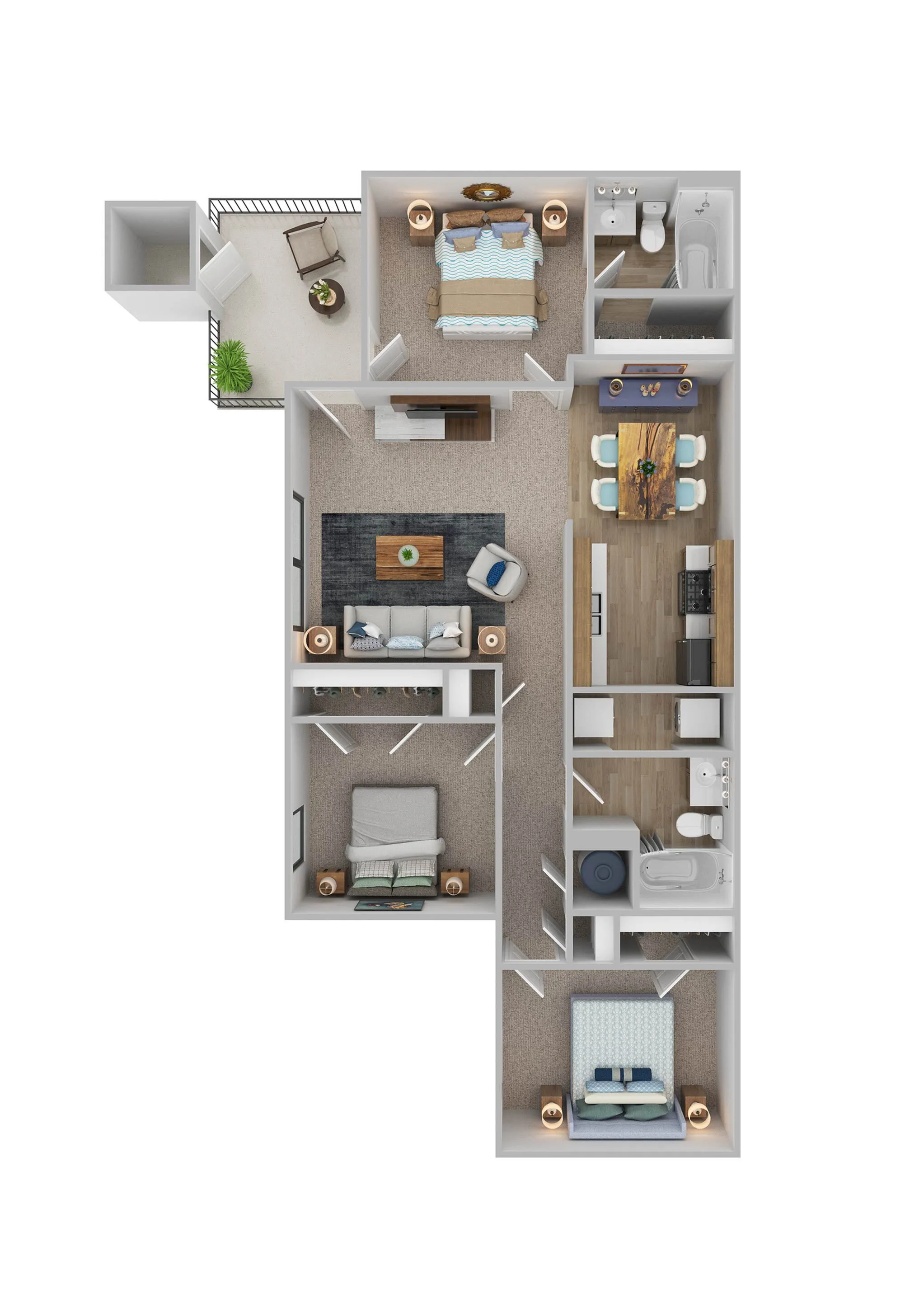 Modern 3D floor plan showcasing 3 bedrooms, an elegant open living and dining area, and a sleek kitchen with ample cabinetry.