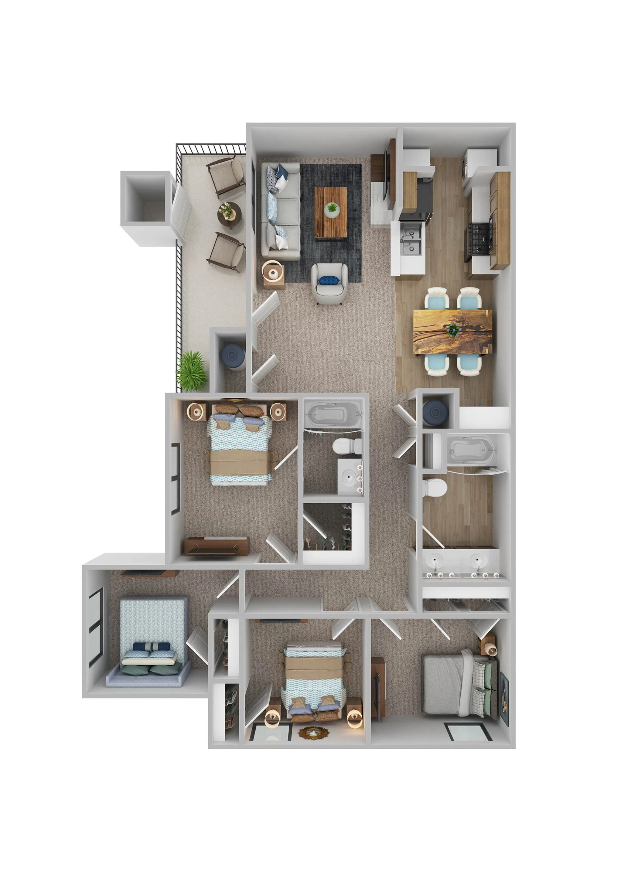 Modern 3D floor plan highlighting 3 spacious bedrooms, cozy living room, elegant dining area, and stylish kitchen with balcony access.