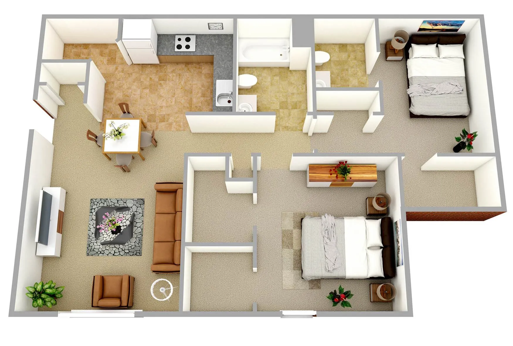 Inviting 3D floor plan showcasing 2 bedrooms, a modern kitchen, and a cozy living area with a fireplace.