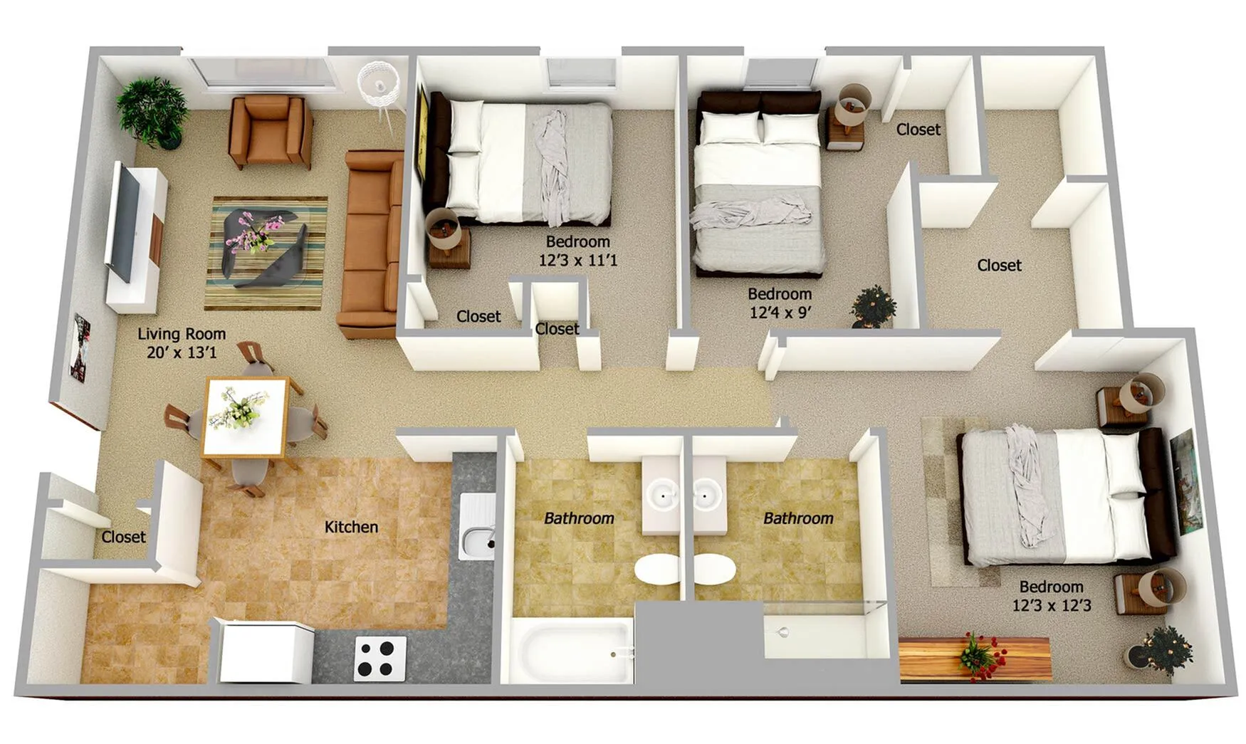 Inviting floor plan showcasing 3 spacious bedrooms, a cozy living room with dining area, a well-equipped kitchen, and 2 modern bathrooms.