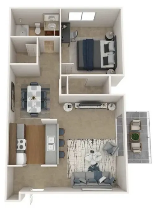 Charming 3D floor plan showcasing a single-bedroom apartment with a modern kitchen, cozy living room, elegant dining area, and a private balcony.