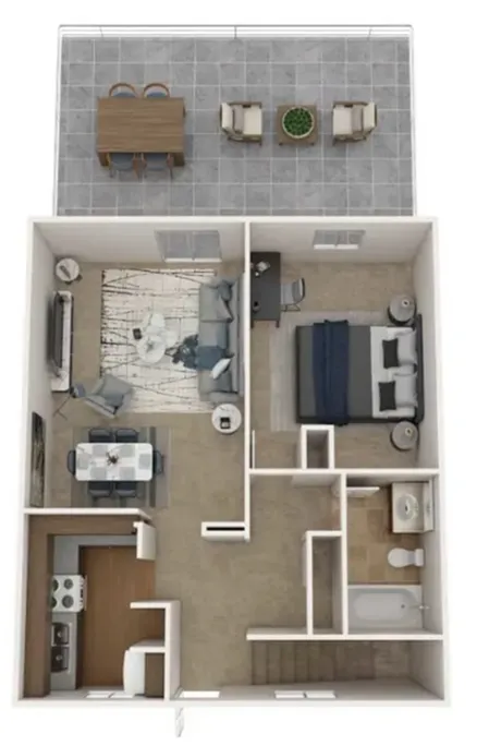 Modern 3D floor plan featuring one bedroom, cozy living area, fully-equipped kitchen, and stylish patio space.