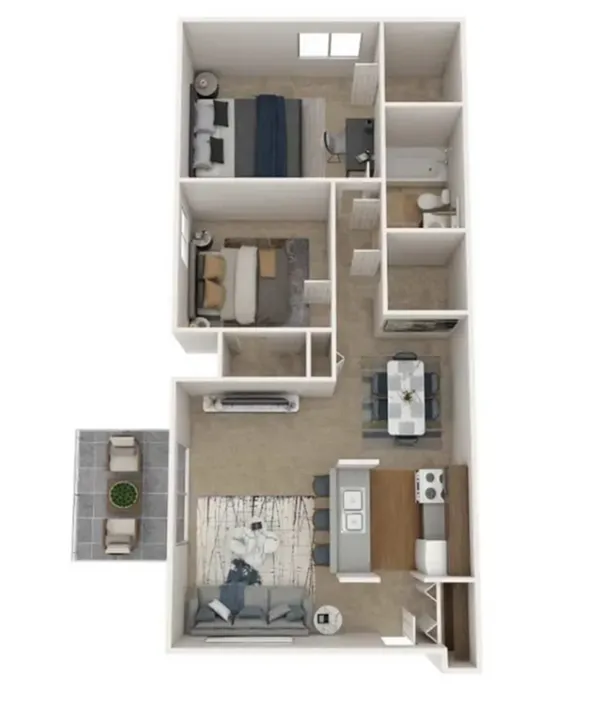 Modern 3D floor plan with two cozy bedrooms, a sleek kitchen, inviting living room, elegant dining area, stylish bathroom, and a charming outdoor patio.