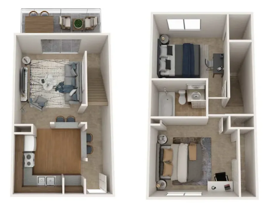 Modern two-level floor plan featuring 2 cozy bedrooms, a luxurious bathroom, a stylish living room with balcony access, and a sleek kitchen.
